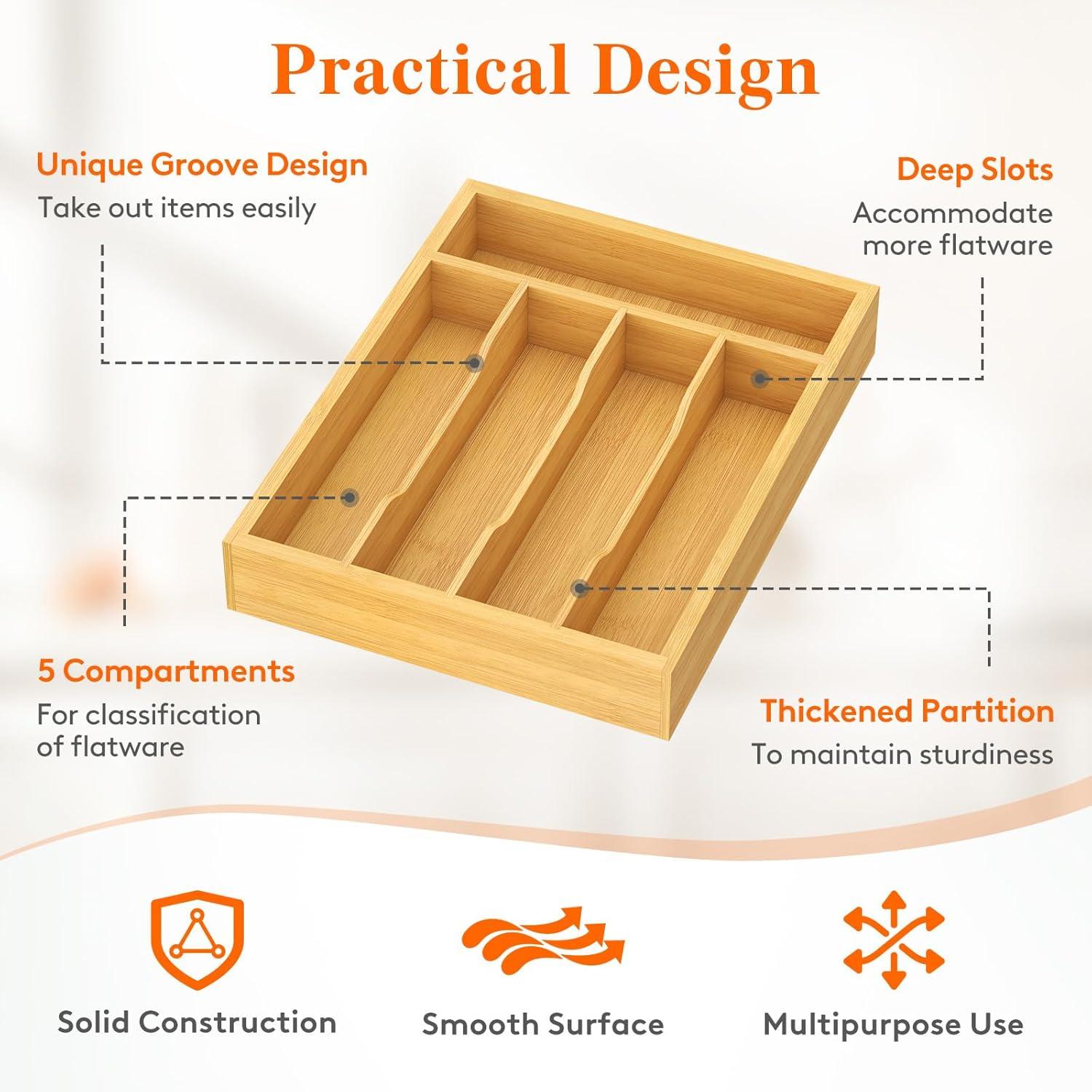 image:imageLifewit Silverware Drawer Organizer Utensil Tray for Kitchen Flatware and Cutlery Holder Storage for Spoons Forks Knives 86 x 125 Natural99W x 128D