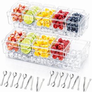 Lifewit Chilled Condiment Containers with Lids, Plastic Taco Bar Serving Set for Party with 5 Containers, Ice Garnish Tray for Mimosa Bar Supplies, Clear Serving Platter for Fruit, Salad, Snack(2)