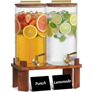 Lifewit 1.5 Gallon Drink Dispenser for Parties 2 Pcs, Glass Beverage Container with Wood Stand for Juice/Tea/Soda & Lemonade, Large Water Pitcher with Spigot for Mimosa Bar, Party Hosting