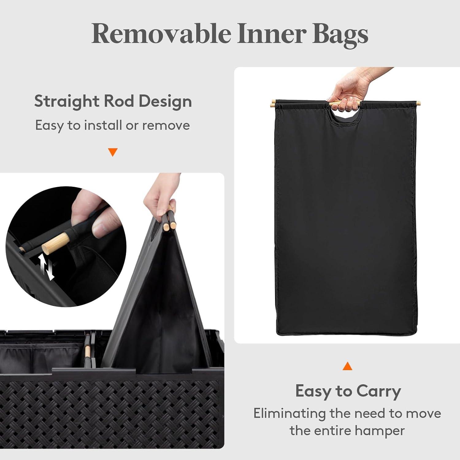 image:imageLifewit 110L Plastic Double Laundry Basket with Lid Collapsible 2 Section Clothes Hamper with Wheels and Removable Bags Large Rolling 2 Compartment Bin for Laundry Room Bedroom Bathroom Black