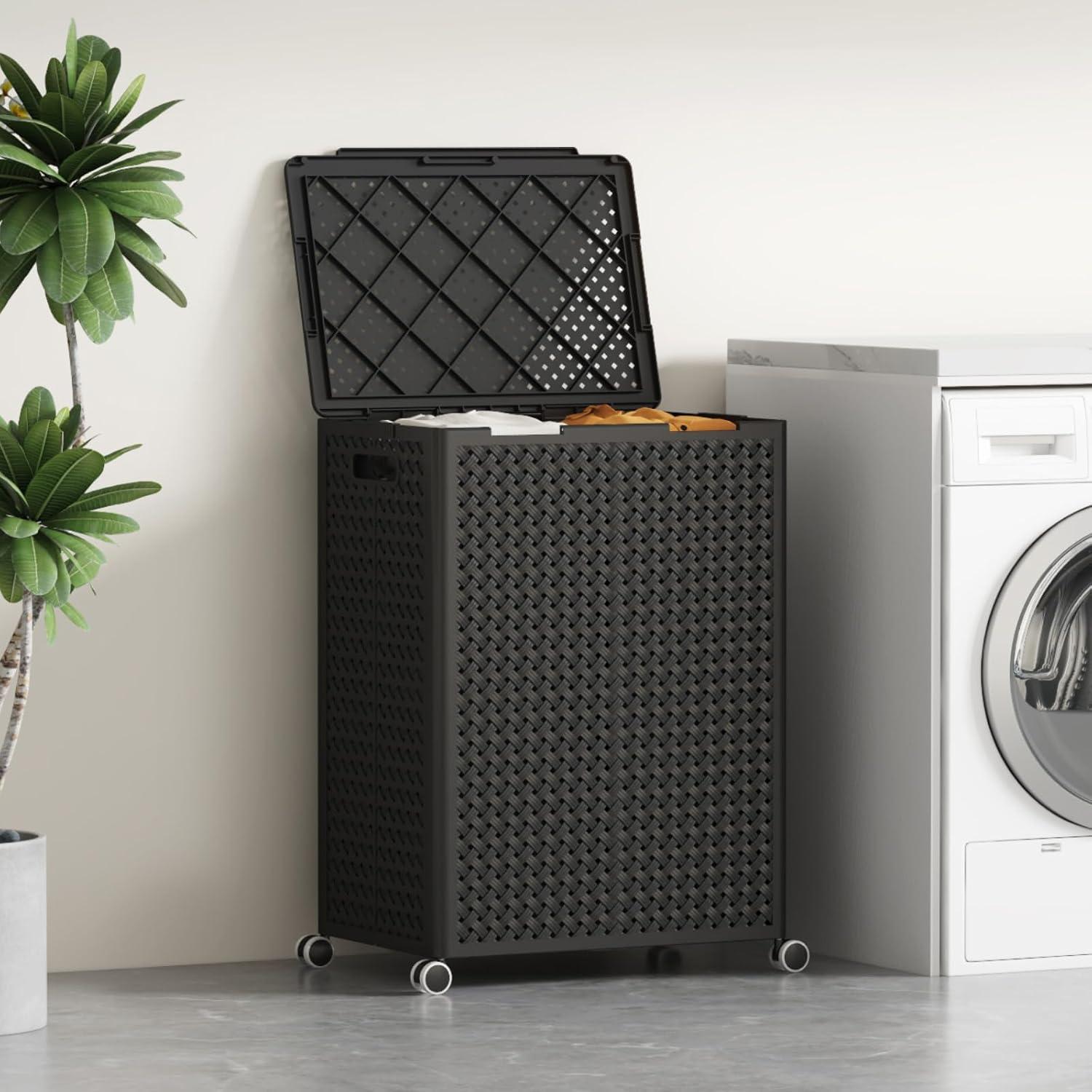 image:imageLifewit 110L Plastic Double Laundry Basket with Lid Collapsible 2 Section Clothes Hamper with Wheels and Removable Bags Large Rolling 2 Compartment Bin for Laundry Room Bedroom Bathroom Black
