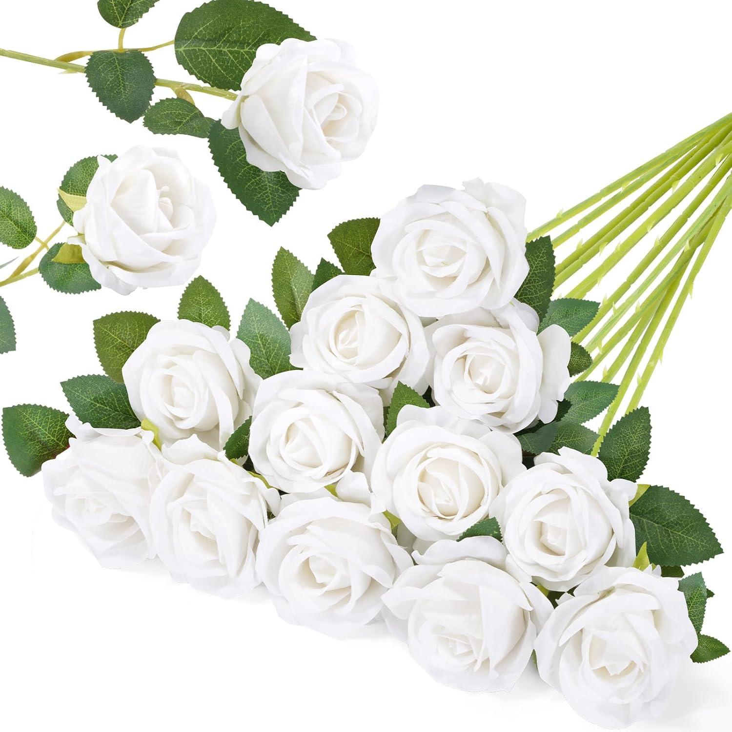 image:imageLifewit 12 Pcs White Artificial Roses Flowers in Bulk Fake Long Stem Silk Roses for DIY Wedding Bouquets Centerpieces Arrangements Valentine DecorationsWhite