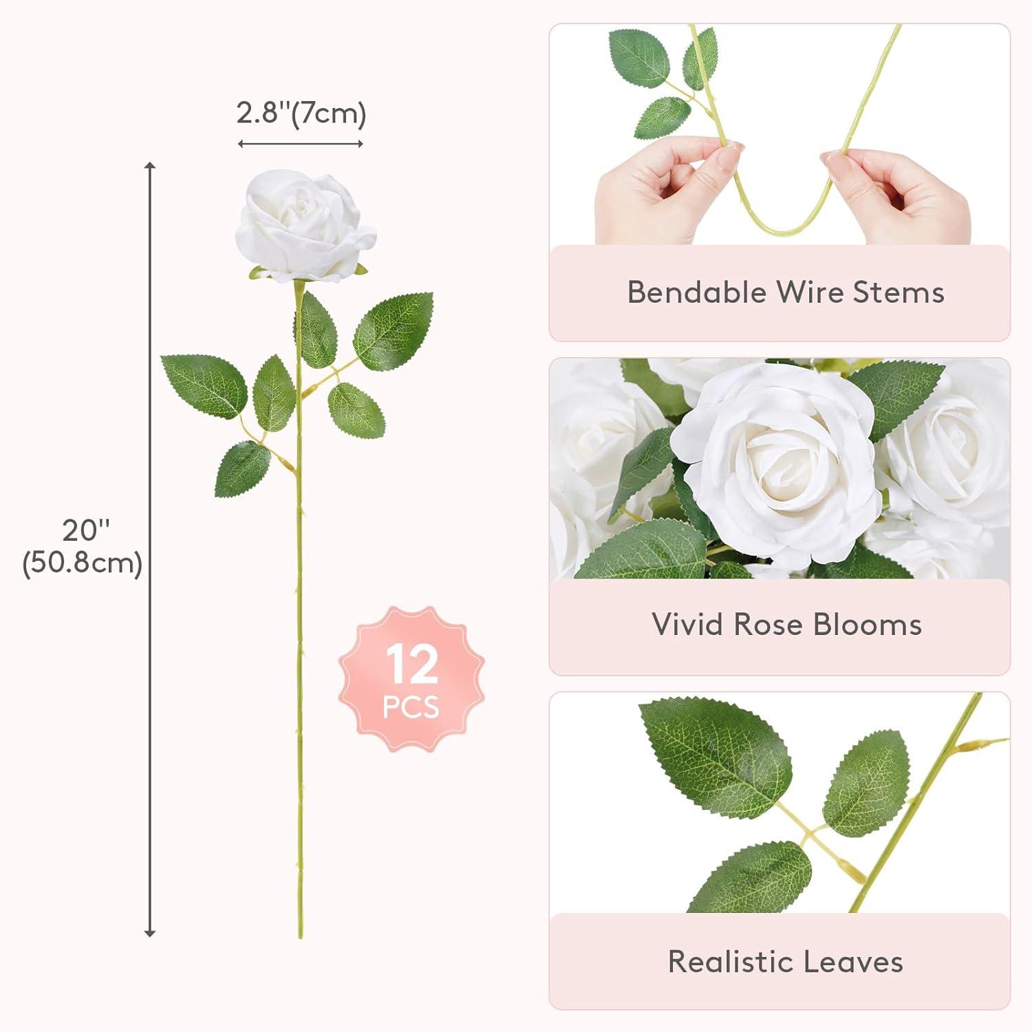 image:imageLifewit 12 Pcs White Artificial Roses Flowers in Bulk Fake Long Stem Silk Roses for DIY Wedding Bouquets Centerpieces Arrangements Valentine DecorationsWhite