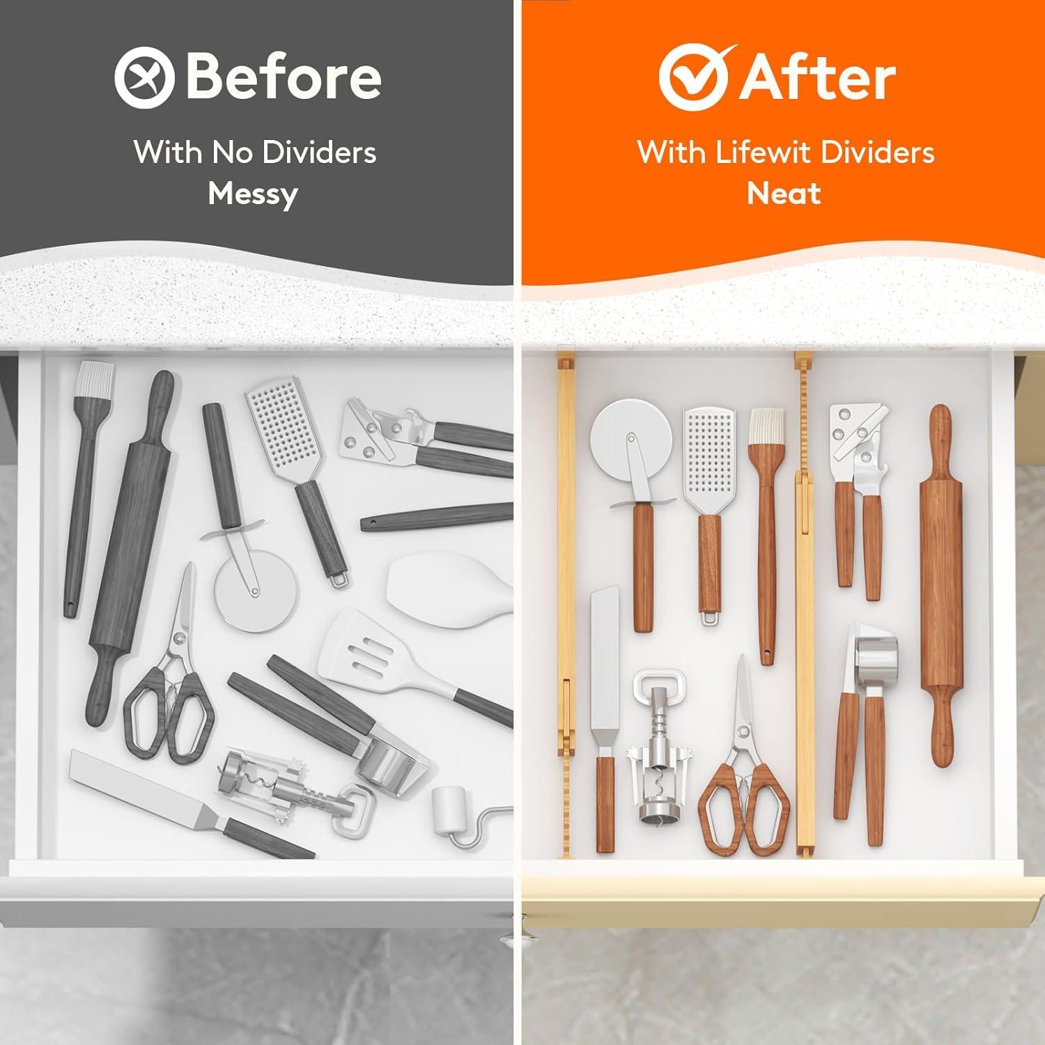 image:imageLifewit 236 High 5 Pack Bamboo Drawer Dividers 14222 Expandable Kitchen Drawer Dividers Adjustable Drawer Dividers for Clothes Drawer Separators for Dresser Kitchen Bedroom Bathroom