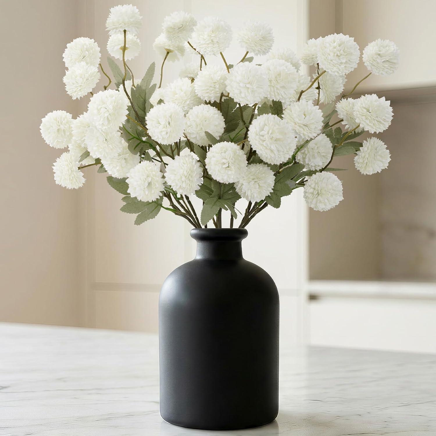 image:imageLifewit 5 Pcs Beige Artificial Flower for Vase Faux Silk Mums Ball with Long Stems for Home Decor Wedding Bulk Fake Small Chrysanthemums for Floral Arrangement Pom Pom for Bouquets CenterpiecesWhite