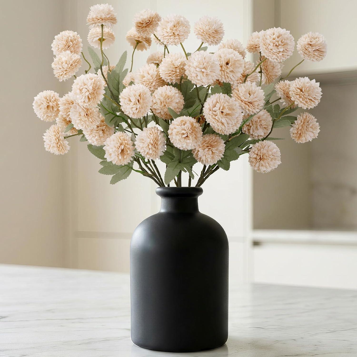 image:imageLifewit 5 Pcs Beige Artificial Flower for Vase Faux Silk Mums Ball with Long Stems for Home Decor Wedding Bulk Fake Small Chrysanthemums for Floral Arrangement Pom Pom for Bouquets CenterpiecesBeige