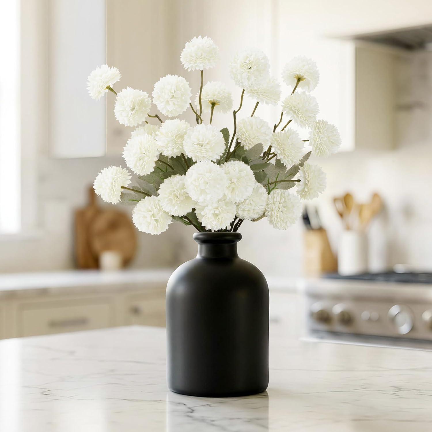 image:imageLifewit 5 Pcs Beige Artificial Flower for Vase Faux Silk Mums Ball with Long Stems for Home Decor Wedding Bulk Fake Small Chrysanthemums for Floral Arrangement Pom Pom for Bouquets CenterpiecesWhite