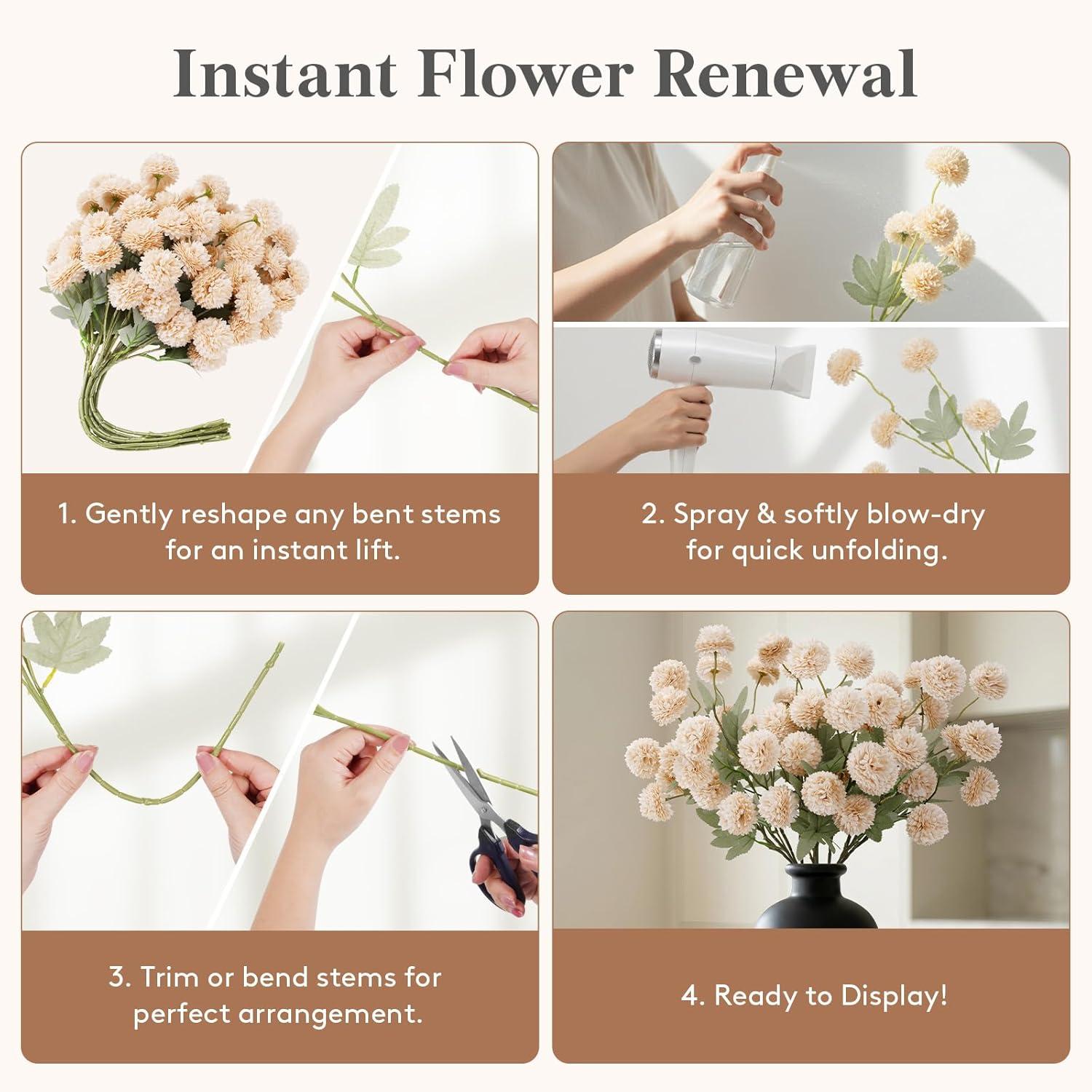 image:imageLifewit 5 Pcs Beige Artificial Flower for Vase Faux Silk Mums Ball with Long Stems for Home Decor Wedding Bulk Fake Small Chrysanthemums for Floral Arrangement Pom Pom for Bouquets CenterpiecesBeige