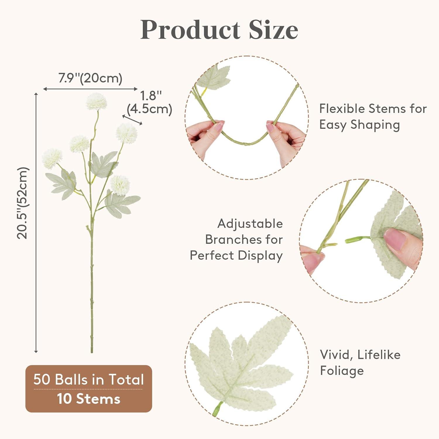 image:imageLifewit 5 Pcs Beige Artificial Flower for Vase Faux Silk Mums Ball with Long Stems for Home Decor Wedding Bulk Fake Small Chrysanthemums for Floral Arrangement Pom Pom for Bouquets CenterpiecesWhite