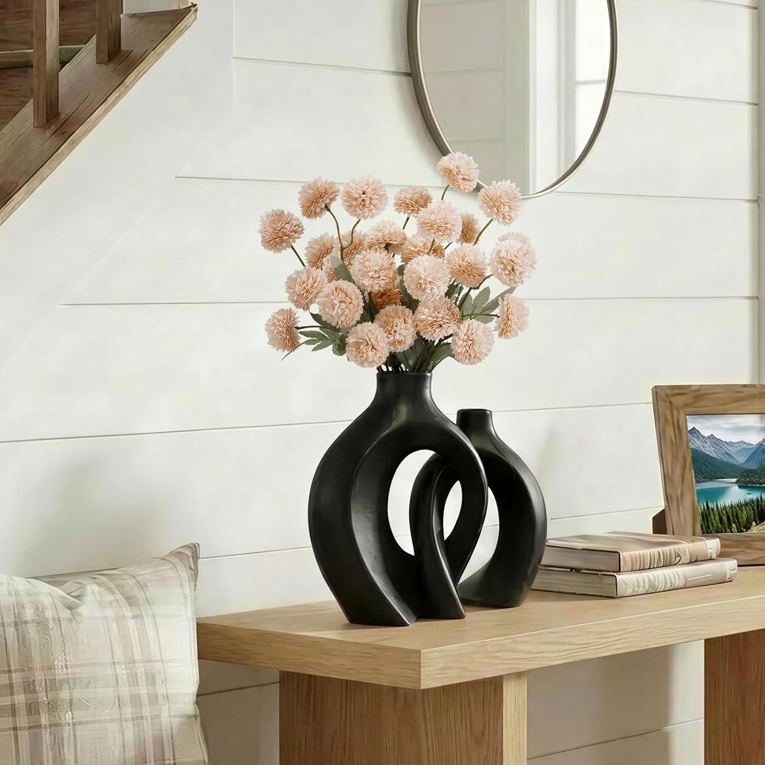 image:imageLifewit 5 Pcs Beige Artificial Flower for Vase Faux Silk Mums Ball with Long Stems for Home Decor Wedding Bulk Fake Small Chrysanthemums for Floral Arrangement Pom Pom for Bouquets CenterpiecesBeige