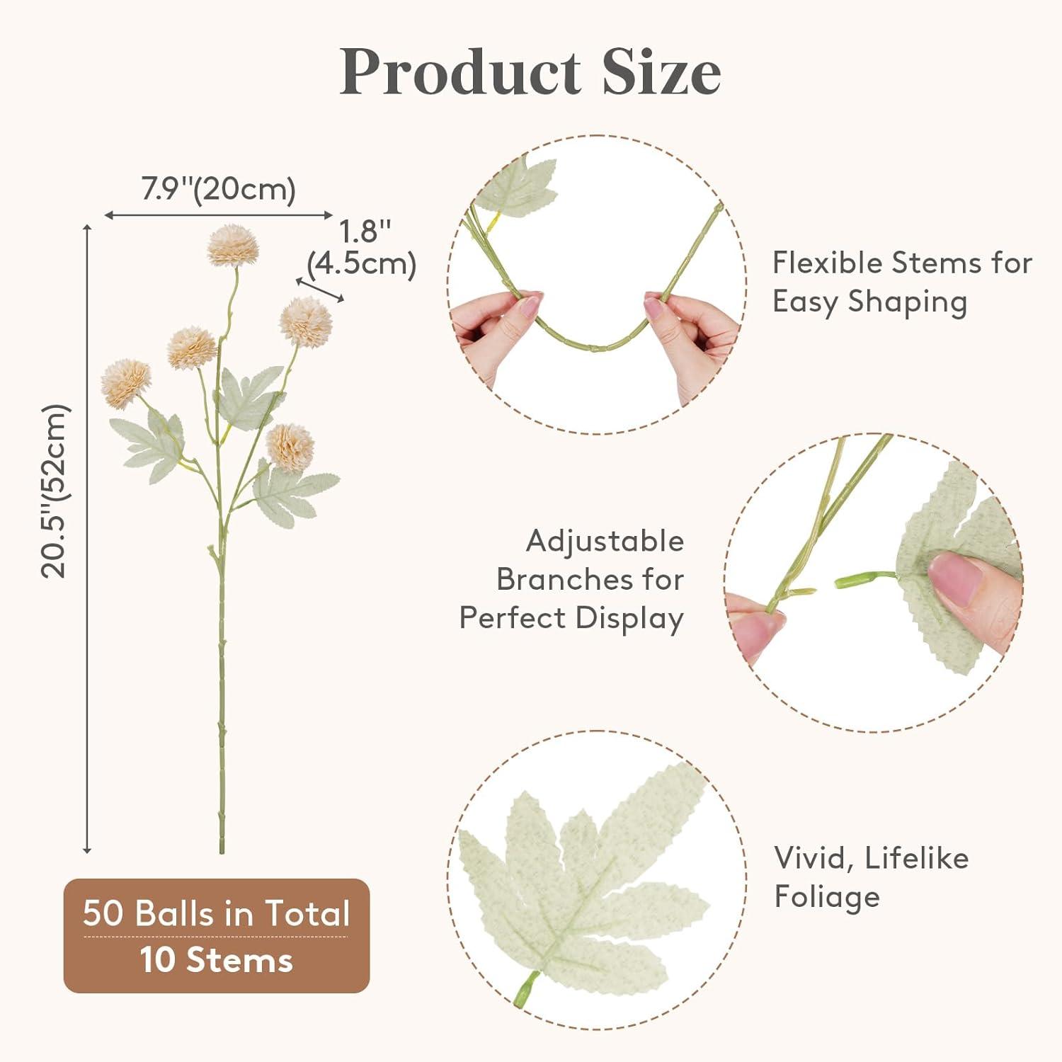 image:imageLifewit 5 Pcs Beige Artificial Flower for Vase Faux Silk Mums Ball with Long Stems for Home Decor Wedding Bulk Fake Small Chrysanthemums for Floral Arrangement Pom Pom for Bouquets CenterpiecesBeige