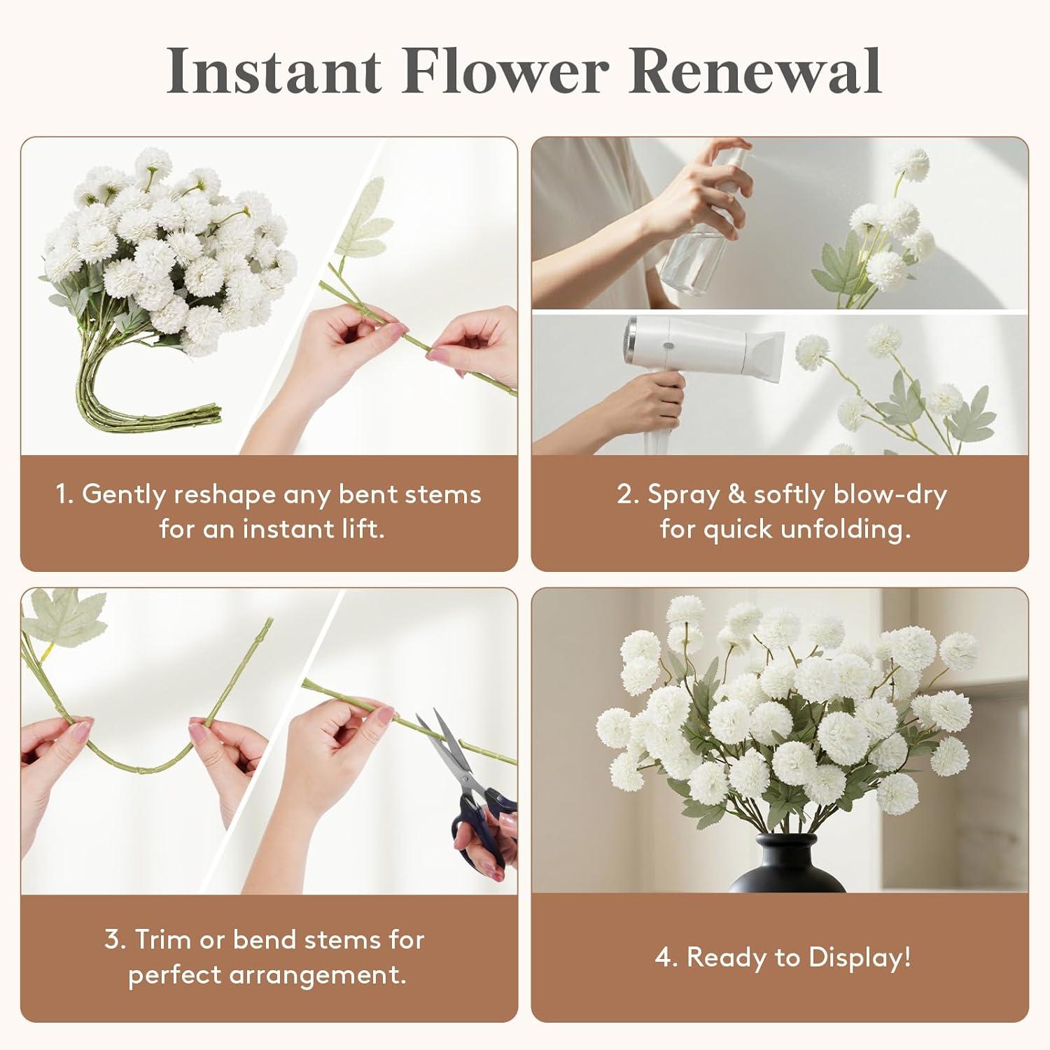 image:imageLifewit 5 Pcs Beige Artificial Flower for Vase Faux Silk Mums Ball with Long Stems for Home Decor Wedding Bulk Fake Small Chrysanthemums for Floral Arrangement Pom Pom for Bouquets CenterpiecesWhite