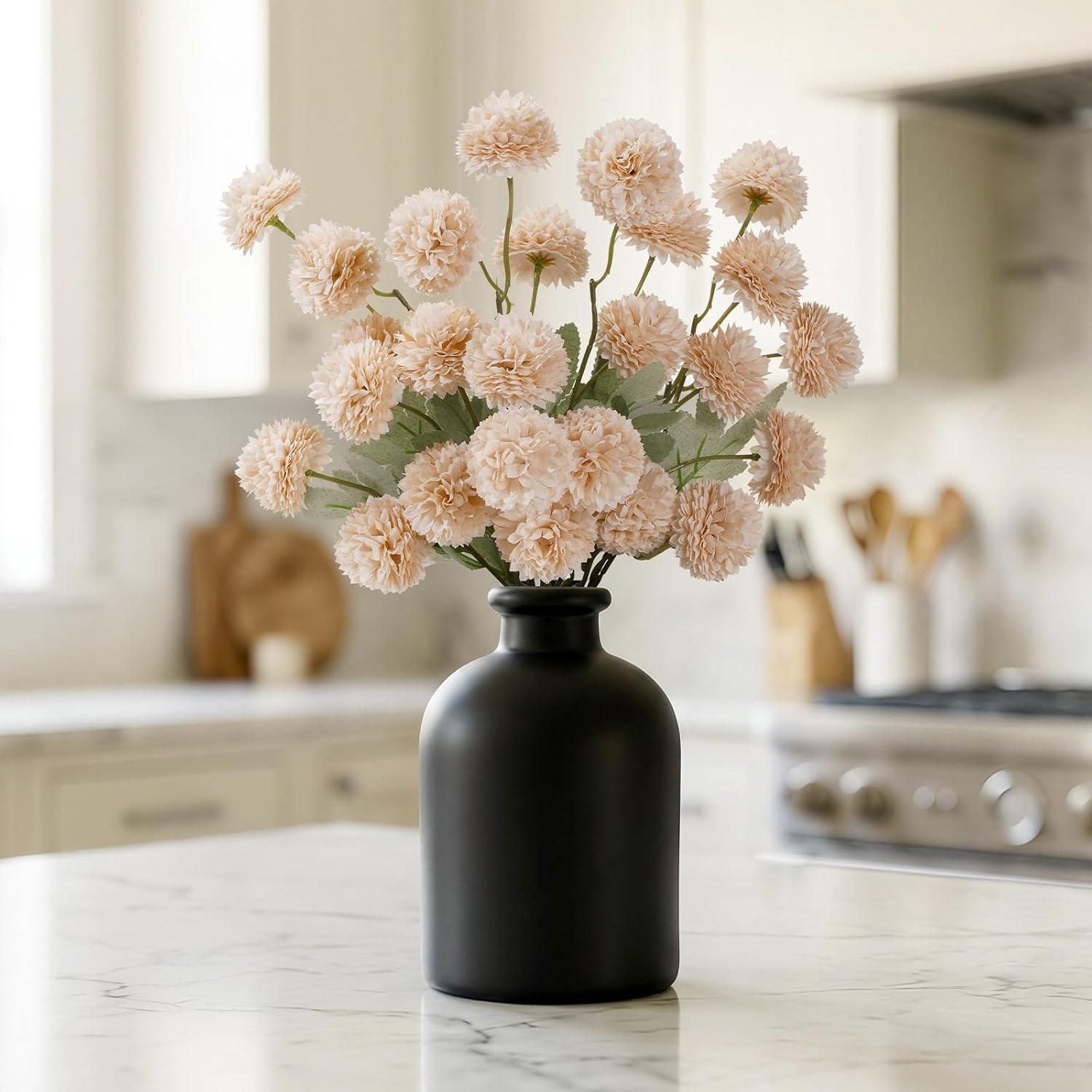 image:imageLifewit 5 Pcs Beige Artificial Flower for Vase Faux Silk Mums Ball with Long Stems for Home Decor Wedding Bulk Fake Small Chrysanthemums for Floral Arrangement Pom Pom for Bouquets CenterpiecesBeige