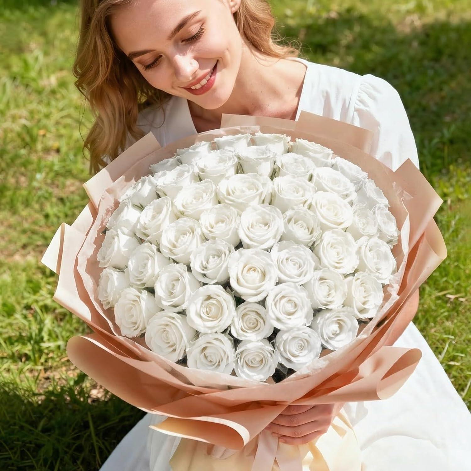 image:imageLifewit 50 Pcs Red Artificial Roses Flowers in Bulk Fake Long Stem Silk Roses for DIY Wedding Bouquets Centerpieces Arrangements Valentine DecorationsWhite