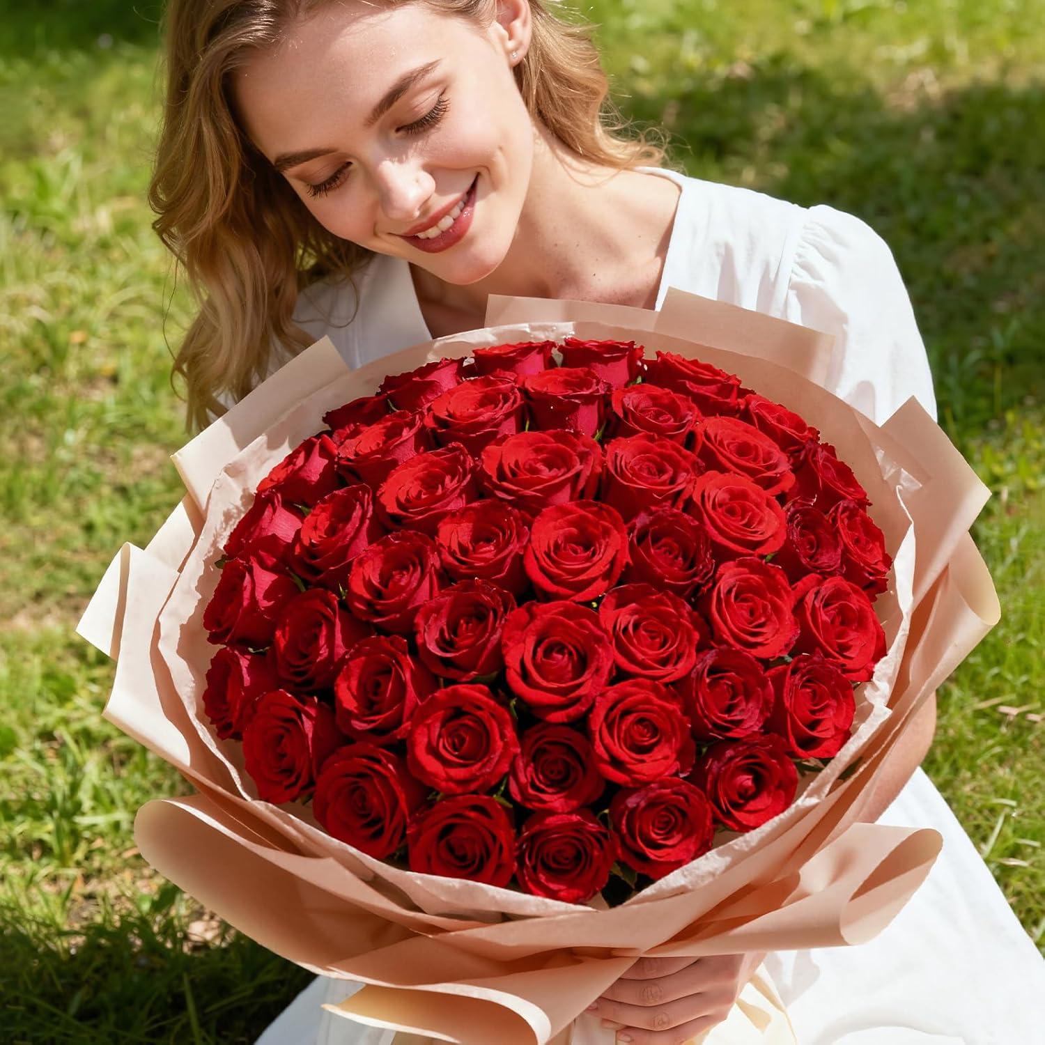 image:imageLifewit 50 Pcs Red Artificial Roses Flowers in Bulk Fake Long Stem Silk Roses for DIY Wedding Bouquets Centerpieces Arrangements Valentine DecorationsRed