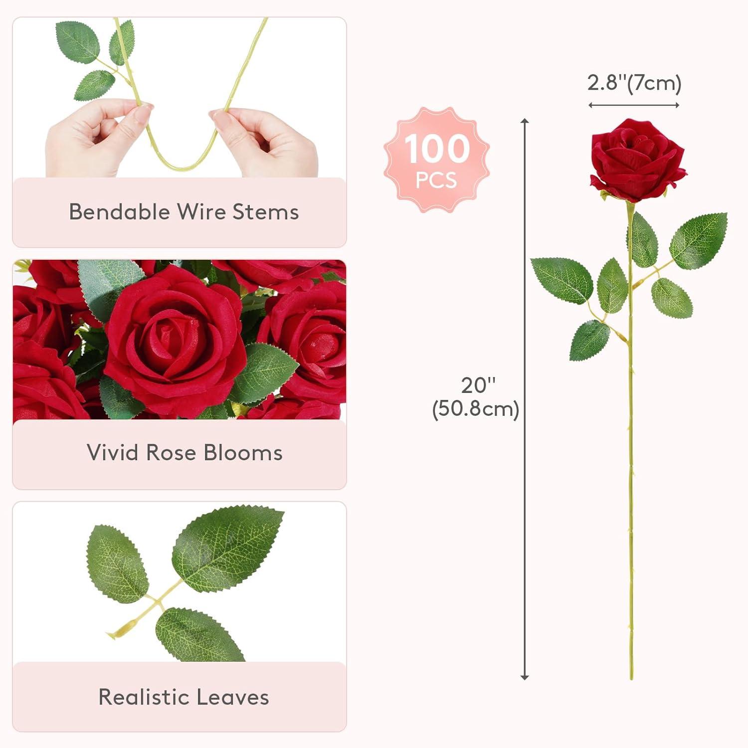 image:imageLifewit 50 Pcs Red Artificial Roses Flowers in Bulk Fake Long Stem Silk Roses for DIY Wedding Bouquets Centerpieces Arrangements Valentine DecorationsRed