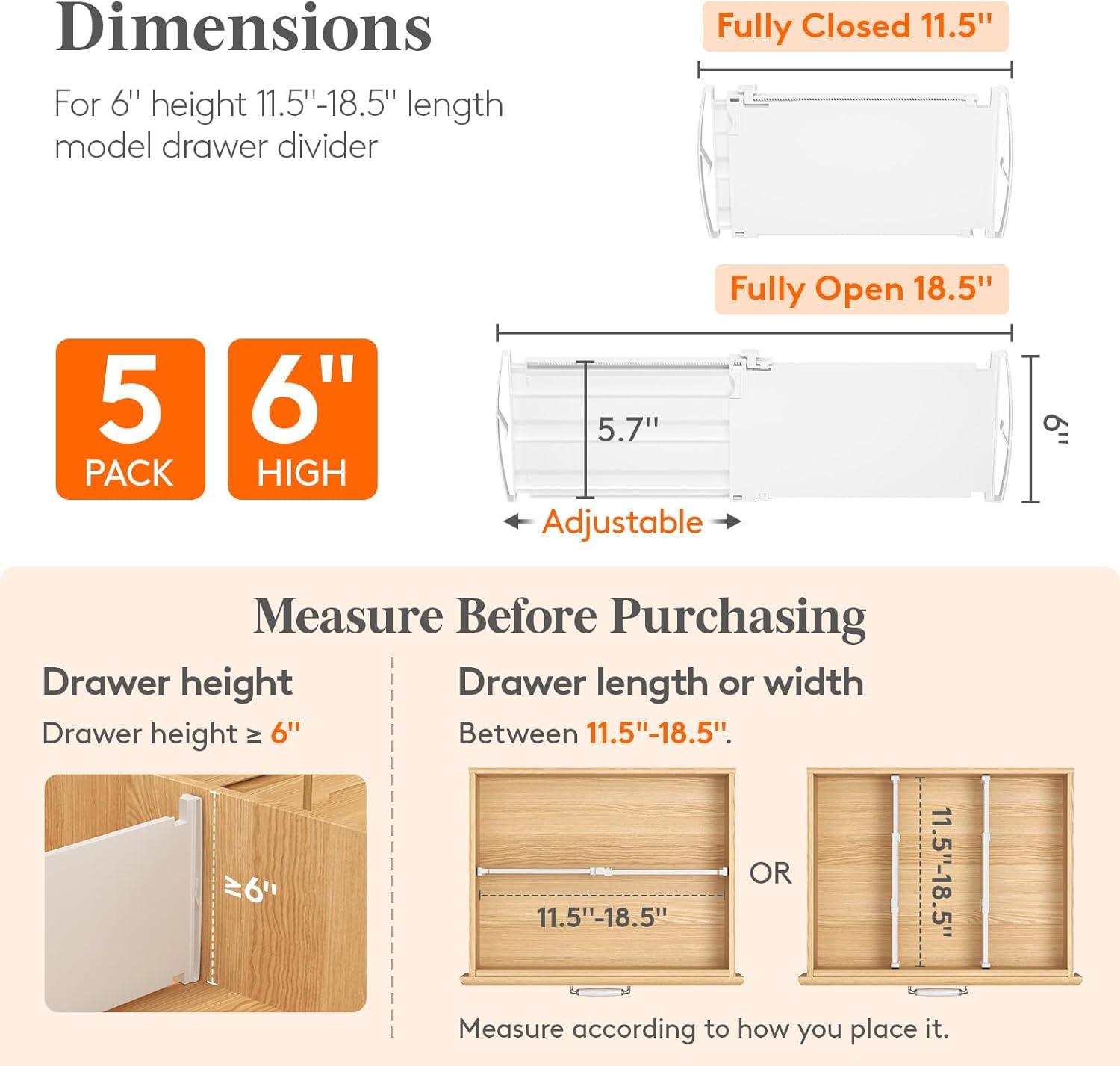 image:imageLifewit 6 Tall 5 Pack Drawer Dividers 3047cm115185 Expandable Drawer Divider for Clothes Adjustable Dresser Drawer Organizers Drawers Separators for DresserBathroomClosetKitchen White5