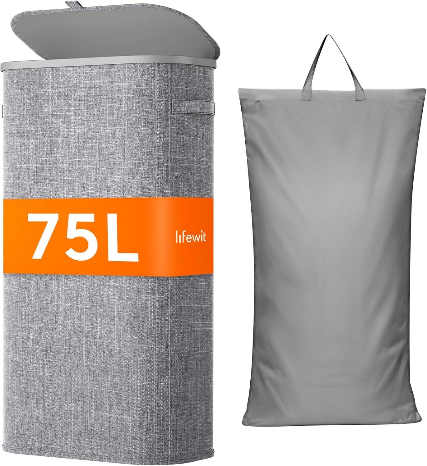 image:imageLifewit 65L Slim Laundry Basket with Lid Narrow Large Laundry Hamper with Plastic Handles and Removable Bag Tall Foldable Dirty Clothes Hampers for Laundry Room Bedroom Bathroom Dorm PinkGray