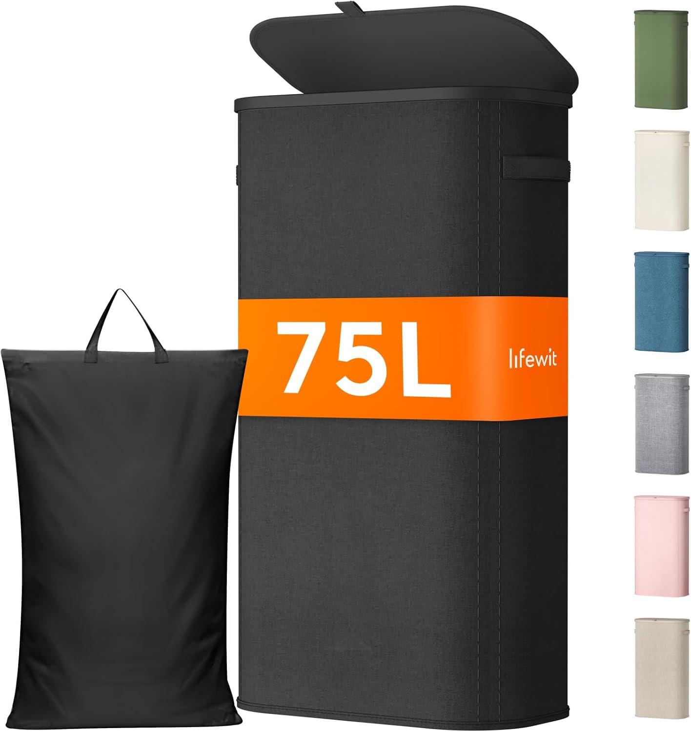image:imageLifewit 65L Slim Laundry Basket with Lid Narrow Large Laundry Hamper with Plastic Handles and Removable Bag Tall Foldable Dirty Clothes Hampers for Laundry Room Bedroom Bathroom Dorm PinkBlack