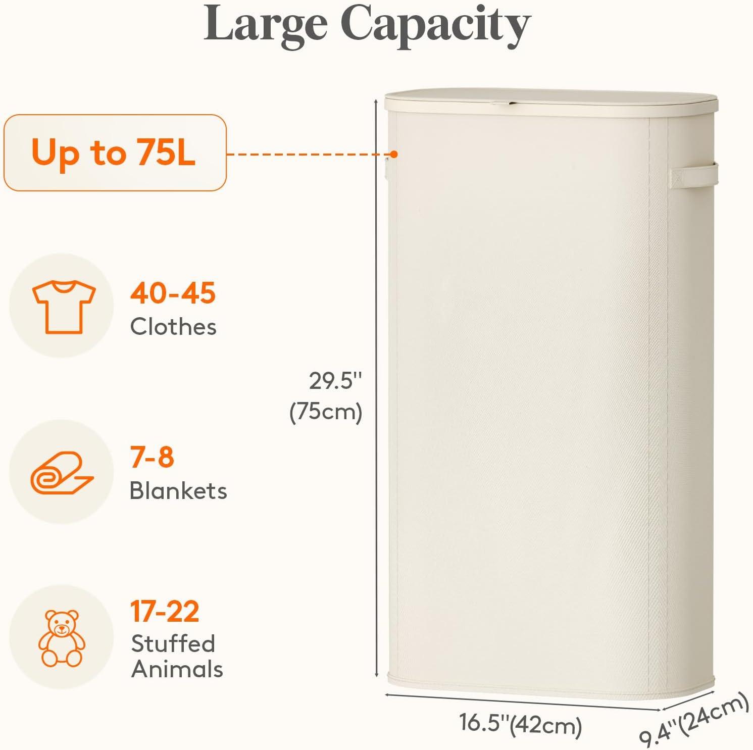 image:imageLifewit 65L Slim Laundry Basket with Lid Narrow Large Laundry Hamper with Plastic Handles and Removable Bag Tall Foldable Dirty Clothes Hampers for Laundry Room Bedroom Bathroom Dorm PinkWhite