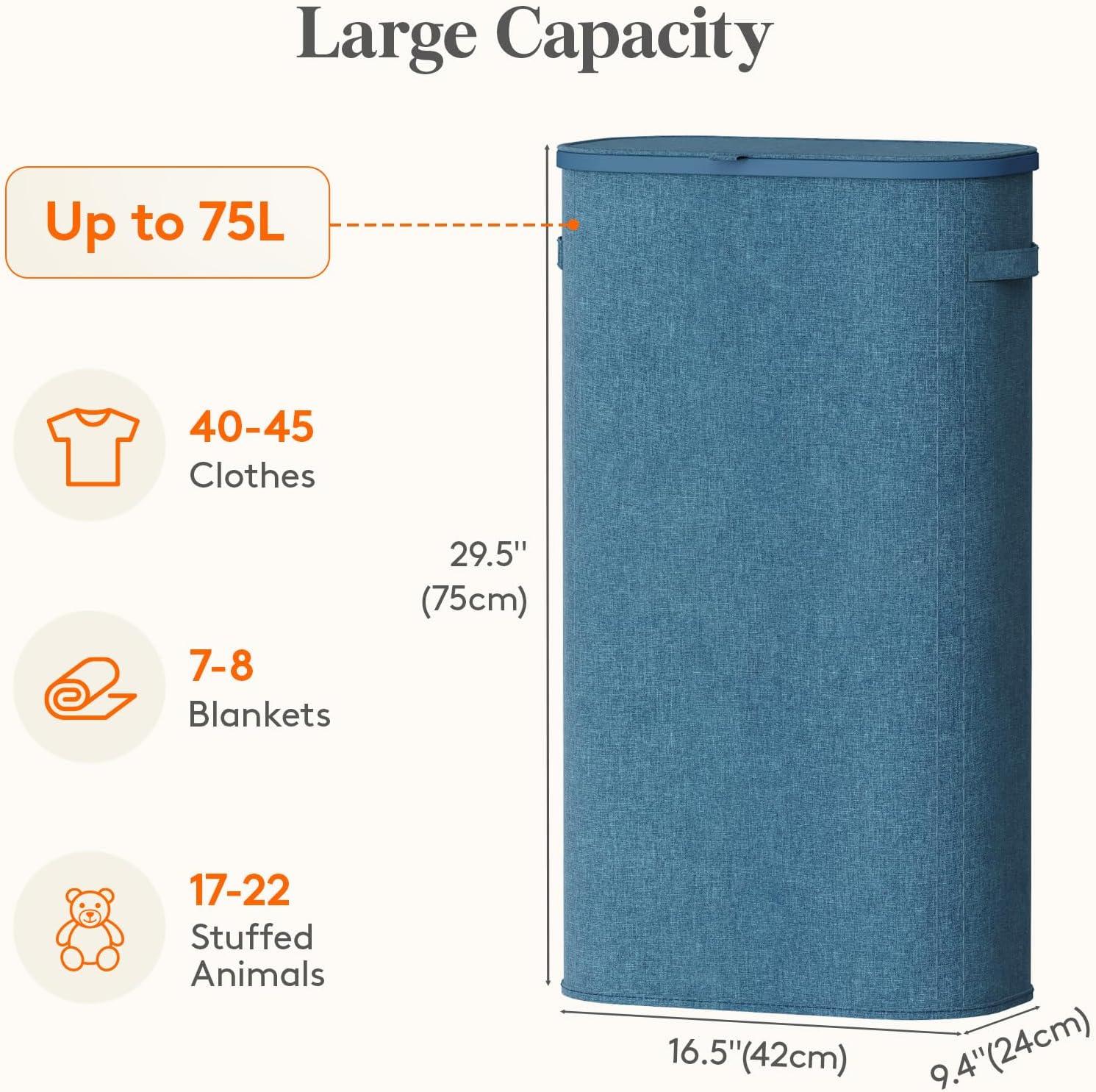 image:imageLifewit 65L Slim Laundry Basket with Lid Narrow Large Laundry Hamper with Plastic Handles and Removable Bag Tall Foldable Dirty Clothes Hampers for Laundry Room Bedroom Bathroom Dorm PinkDark Blue