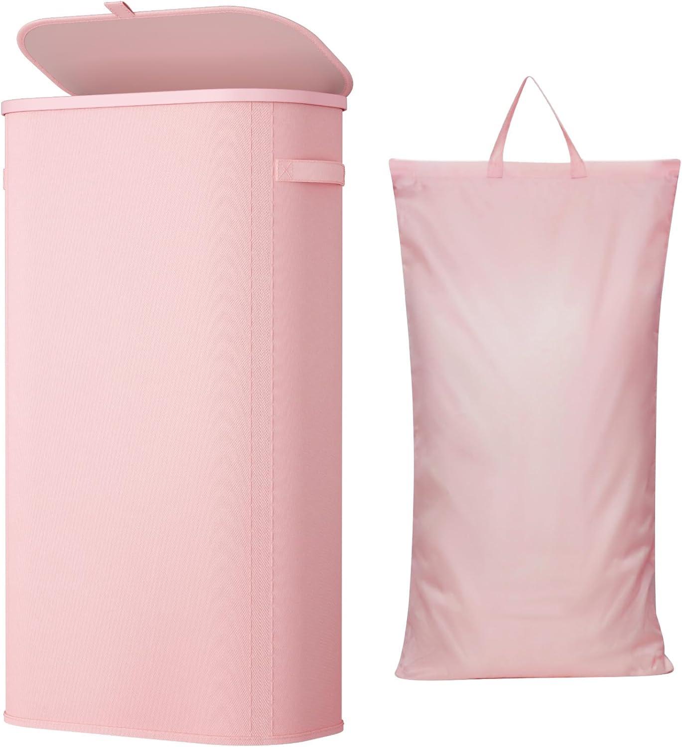 image:imageLifewit 65L Slim Laundry Basket with Lid Narrow Large Laundry Hamper with Plastic Handles and Removable Bag Tall Foldable Dirty Clothes Hampers for Laundry Room Bedroom Bathroom Dorm PinkPink