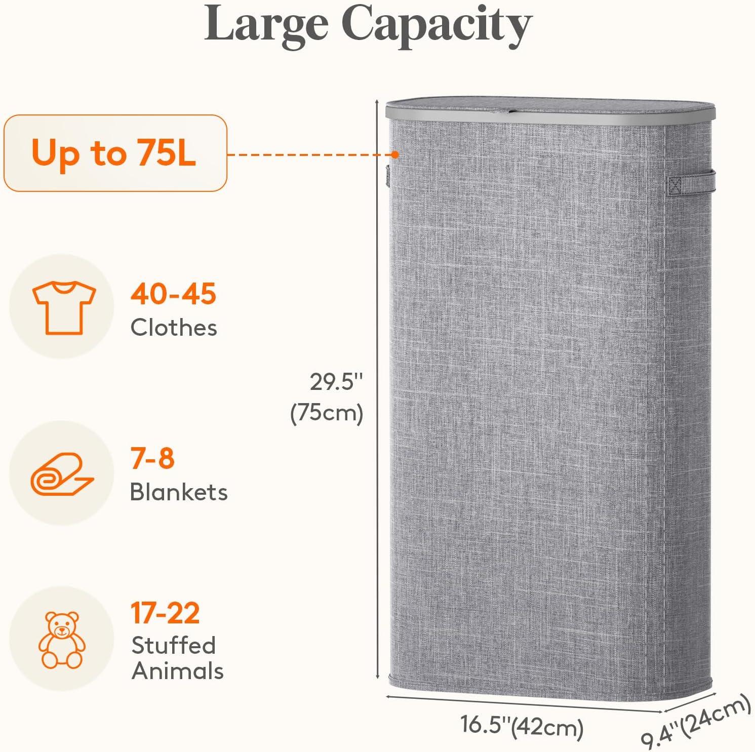 image:imageLifewit 65L Slim Laundry Basket with Lid Narrow Large Laundry Hamper with Plastic Handles and Removable Bag Tall Foldable Dirty Clothes Hampers for Laundry Room Bedroom Bathroom Dorm PinkGray