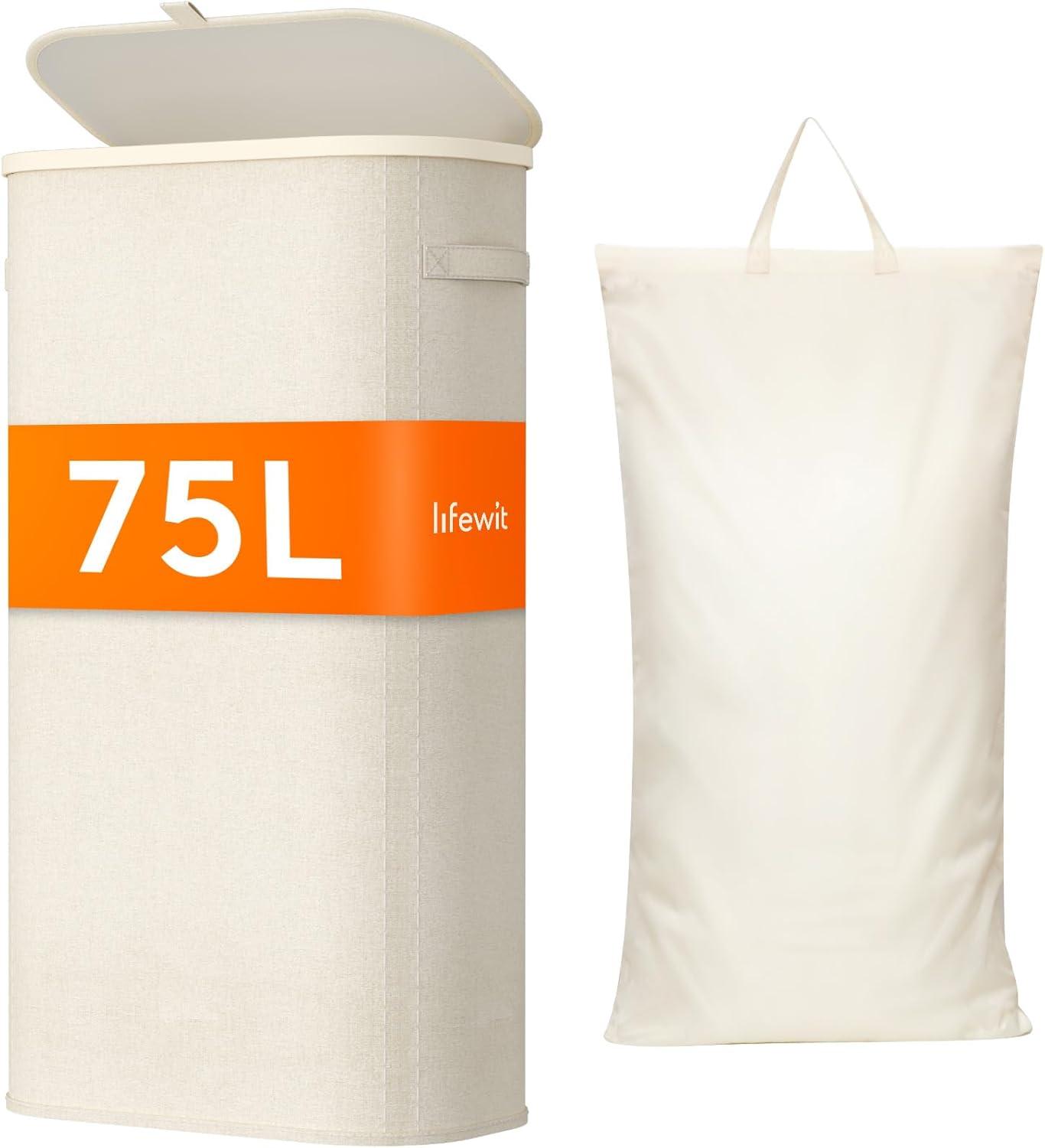 image:imageLifewit 65L Slim Laundry Basket with Lid Narrow Large Laundry Hamper with Plastic Handles and Removable Bag Tall Foldable Dirty Clothes Hampers for Laundry Room Bedroom Bathroom Dorm PinkWhite