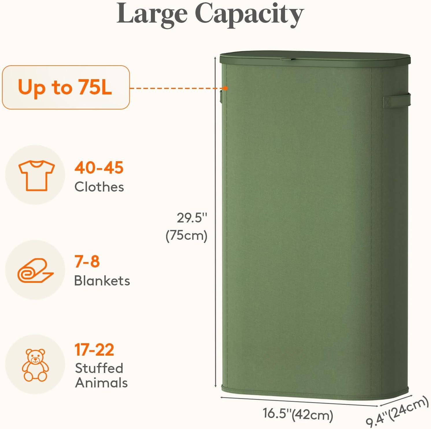 image:imageLifewit 65L Slim Laundry Basket with Lid Narrow Large Laundry Hamper with Plastic Handles and Removable Bag Tall Foldable Dirty Clothes Hampers for Laundry Room Bedroom Bathroom Dorm PinkGreen