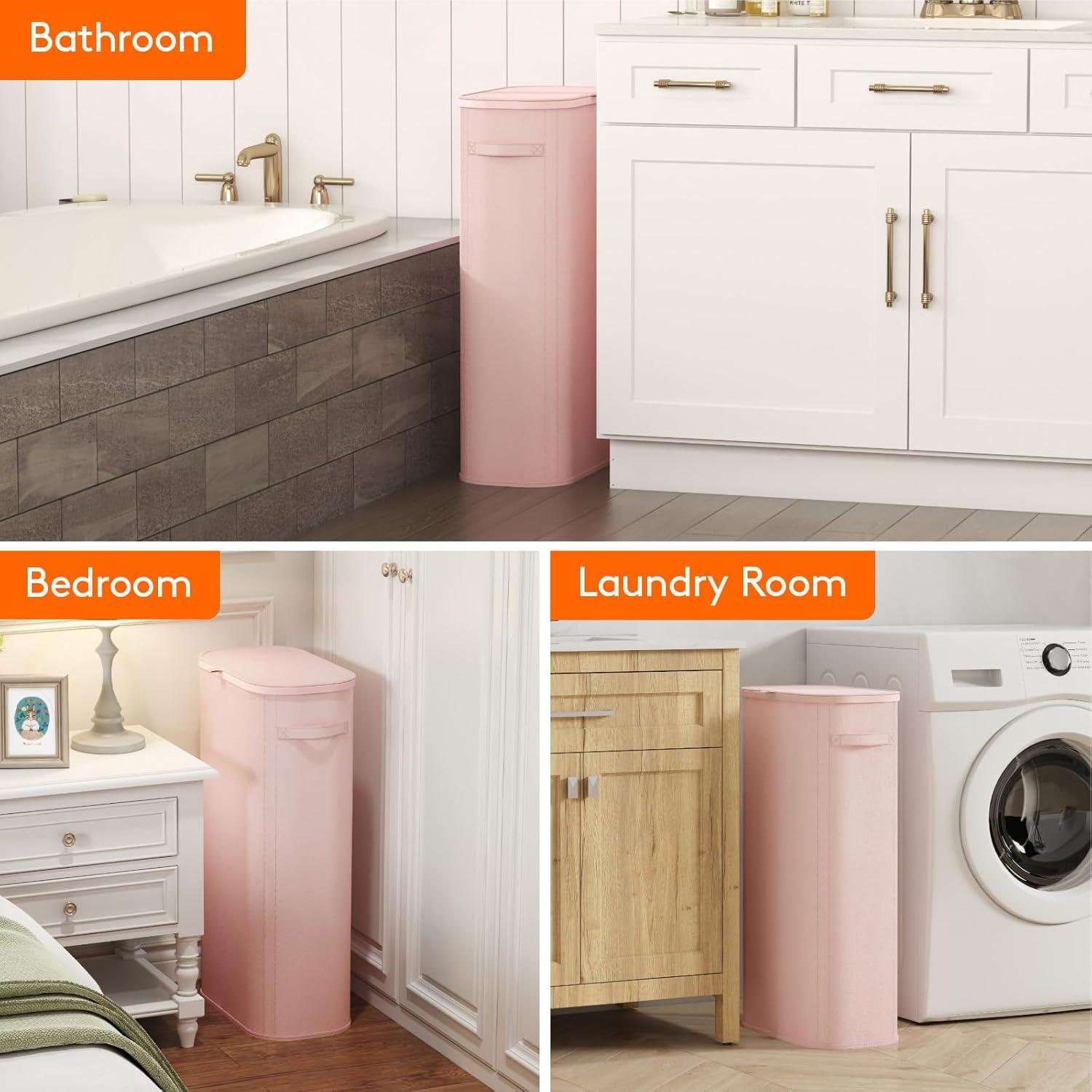 image:imageLifewit 65L Slim Laundry Basket with Lid Narrow Large Laundry Hamper with Plastic Handles and Removable Bag Tall Foldable Dirty Clothes Hampers for Laundry Room Bedroom Bathroom Dorm PinkPink