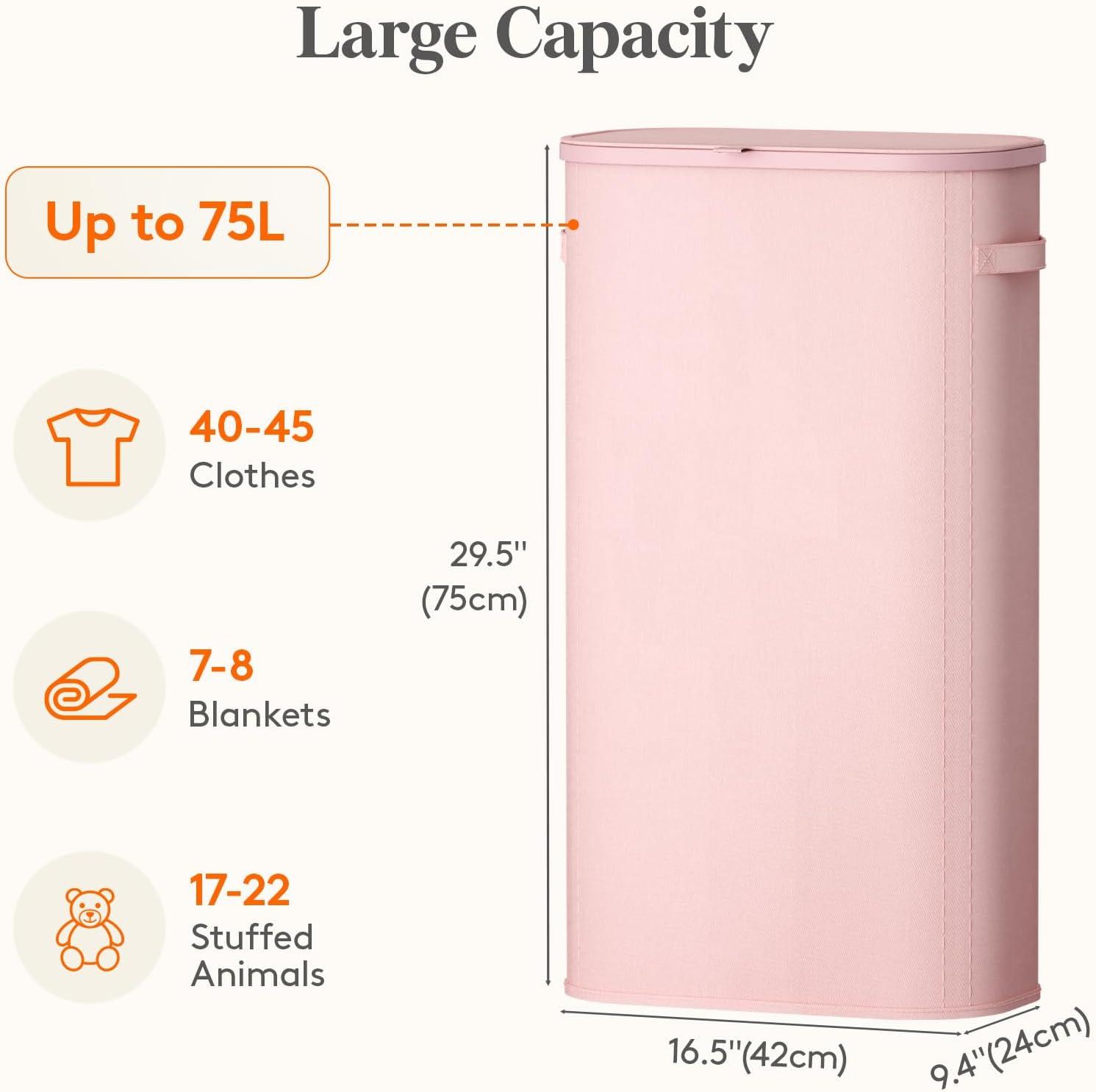 image:imageLifewit 65L Slim Laundry Basket with Lid Narrow Large Laundry Hamper with Plastic Handles and Removable Bag Tall Foldable Dirty Clothes Hampers for Laundry Room Bedroom Bathroom Dorm PinkPink