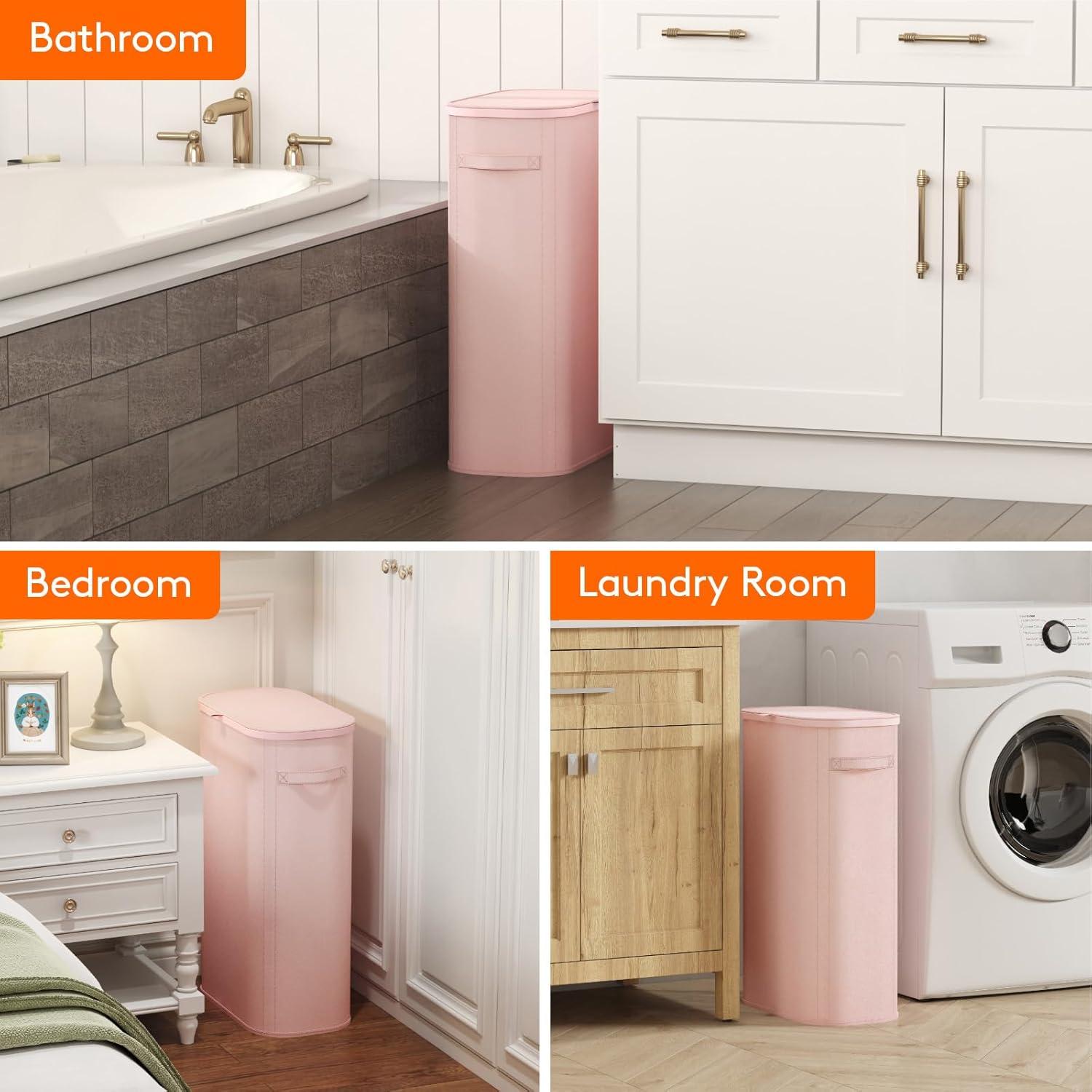 image:imageLifewit 65L Slim Laundry Basket with Lid Narrow Large Laundry Hamper with Plastic Handles and Removable Bag Tall Foldable Dirty Clothes Hampers for Laundry Room Bedroom Bathroom Dorm PinkPink