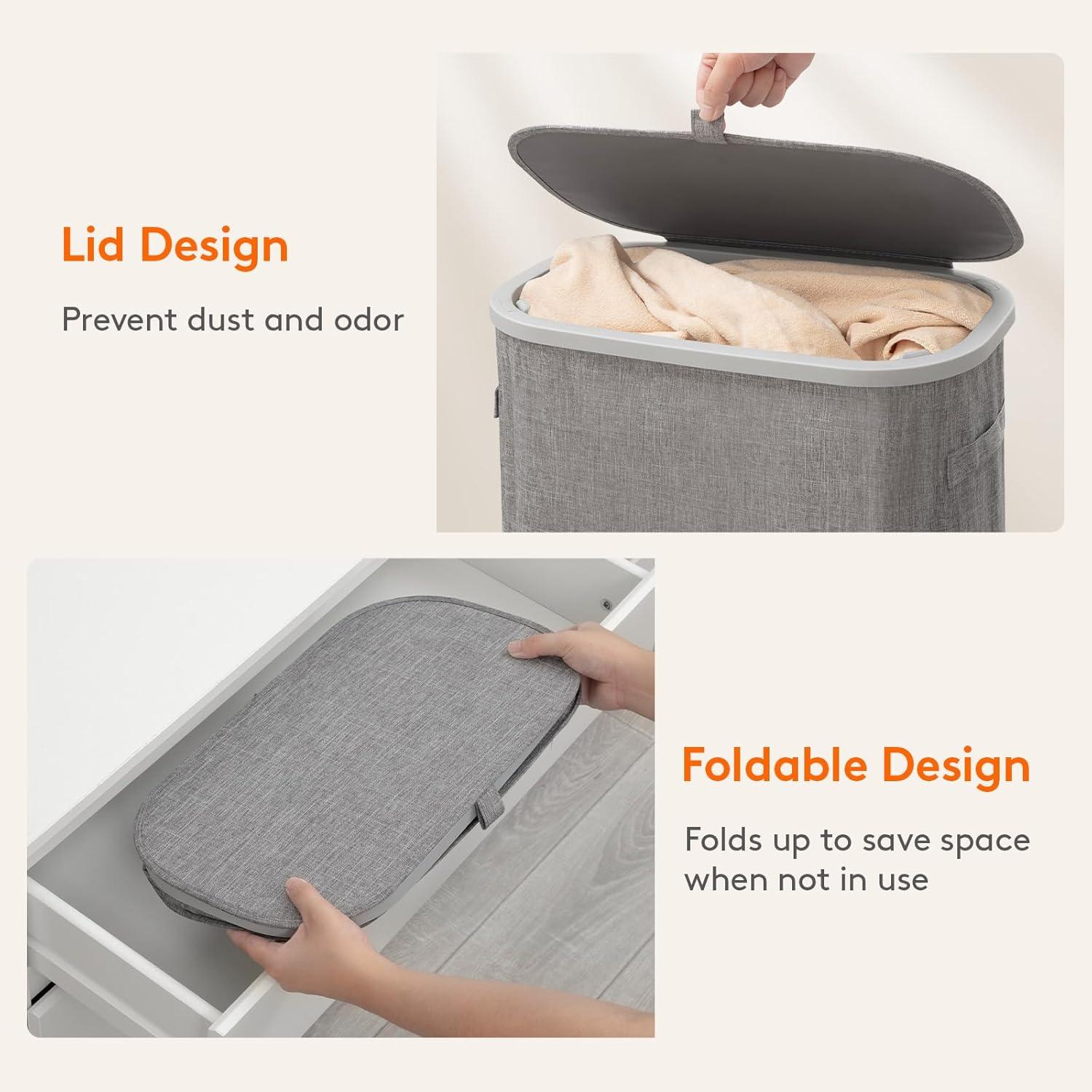 image:imageLifewit 65L Slim Laundry Basket with Lid Narrow Large Laundry Hamper with Plastic Handles and Removable Bag Tall Foldable Dirty Clothes Hampers for Laundry Room Bedroom Bathroom Dorm PinkGray