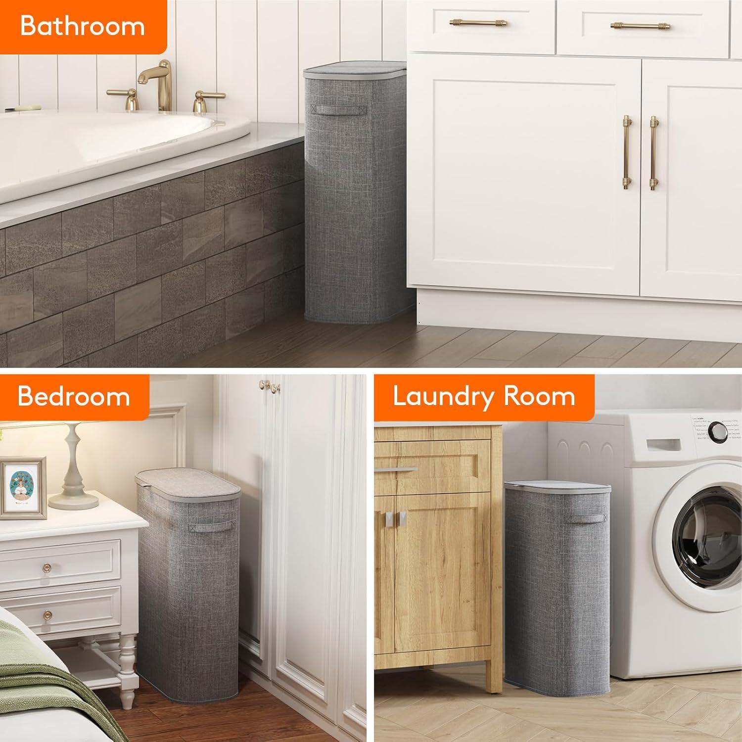 image:imageLifewit 65L Slim Laundry Basket with Lid Narrow Large Laundry Hamper with Plastic Handles and Removable Bag Tall Foldable Dirty Clothes Hampers for Laundry Room Bedroom Bathroom Dorm PinkGray