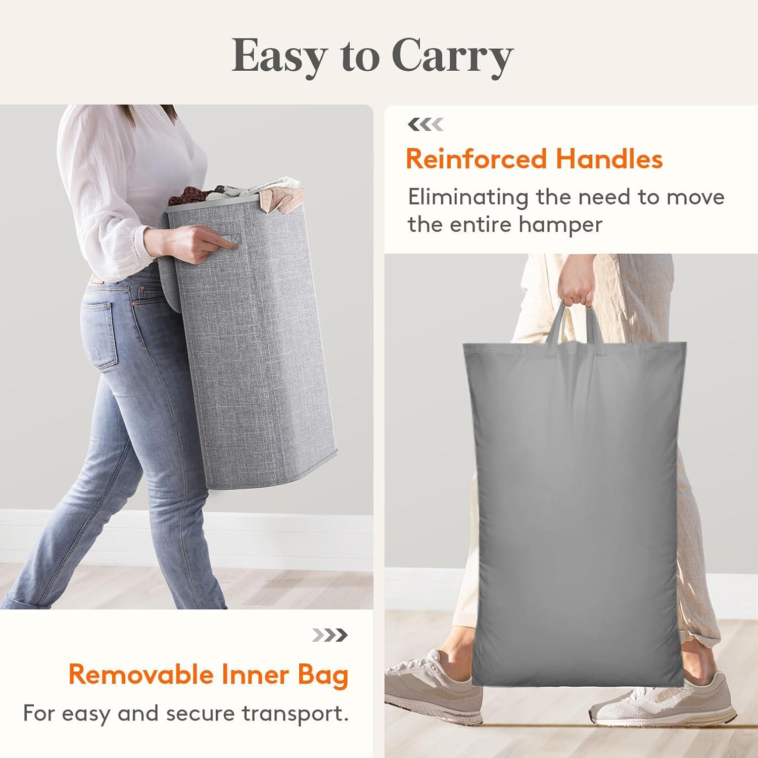 image:imageLifewit 65L Slim Laundry Basket with Lid Narrow Large Laundry Hamper with Plastic Handles and Removable Bag Tall Foldable Dirty Clothes Hampers for Laundry Room Bedroom Bathroom Dorm PinkGray