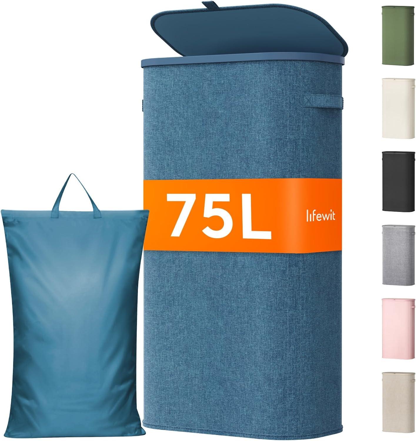 image:imageLifewit 65L Slim Laundry Basket with Lid Narrow Large Laundry Hamper with Plastic Handles and Removable Bag Tall Foldable Dirty Clothes Hampers for Laundry Room Bedroom Bathroom Dorm PinkDark Blue