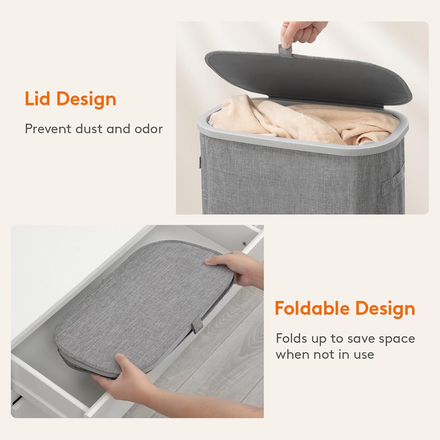 image:imageLifewit 65L Slim Laundry Basket with Lid Narrow Large Laundry Hamper with Plastic Handles and Removable Bag Tall Foldable Dirty Clothes Hampers for Laundry Room Bedroom Bathroom Dorm PinkGray