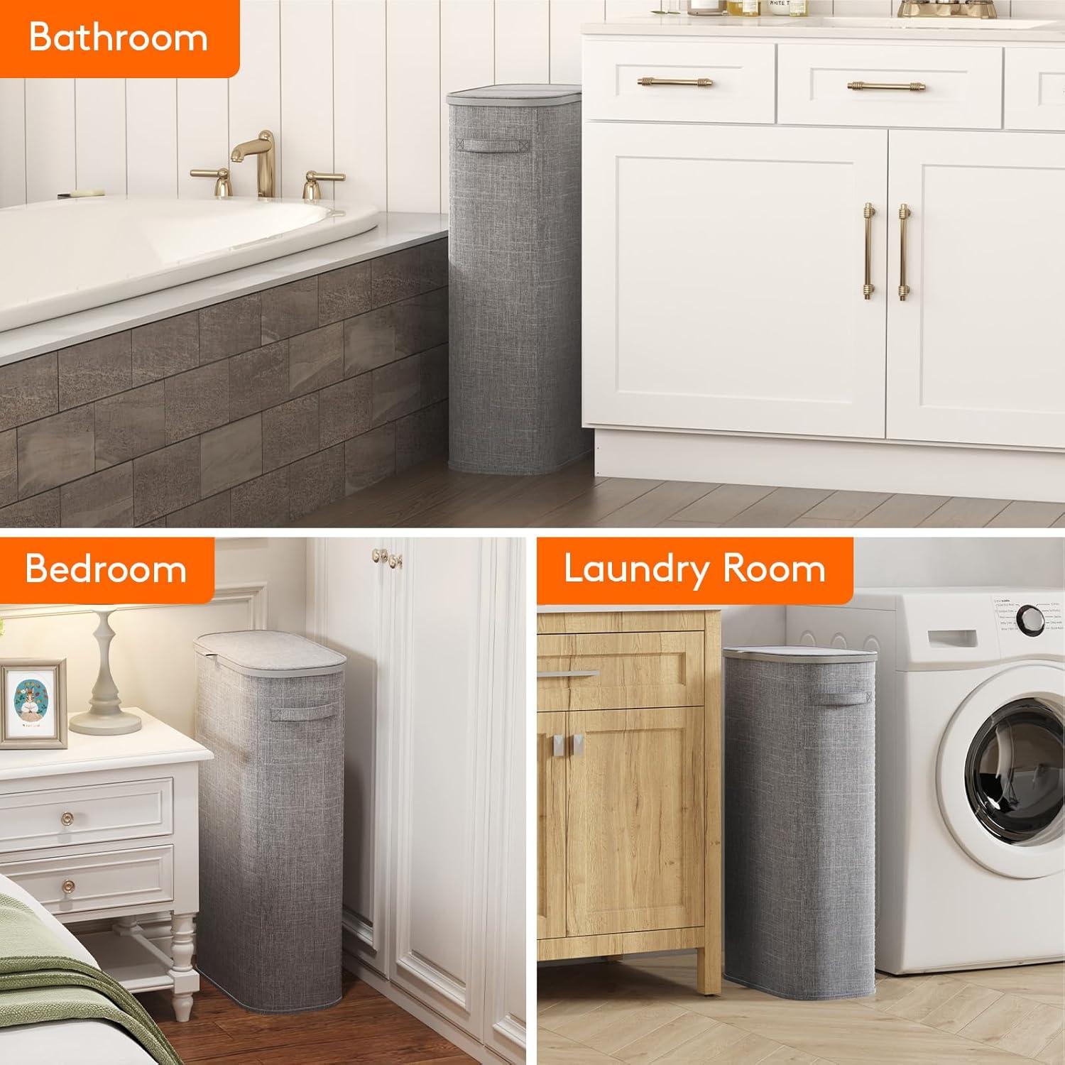 image:imageLifewit 65L Slim Laundry Basket with Lid Narrow Large Laundry Hamper with Plastic Handles and Removable Bag Tall Foldable Dirty Clothes Hampers for Laundry Room Bedroom Bathroom Dorm PinkGray