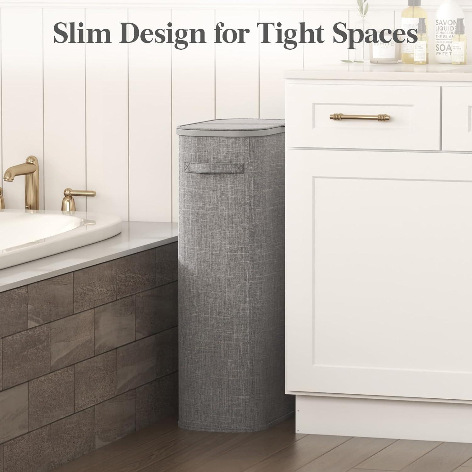 image:imageLifewit 65L Slim Laundry Basket with Lid Narrow Large Laundry Hamper with Plastic Handles and Removable Bag Tall Foldable Dirty Clothes Hampers for Laundry Room Bedroom Bathroom Dorm PinkGray
