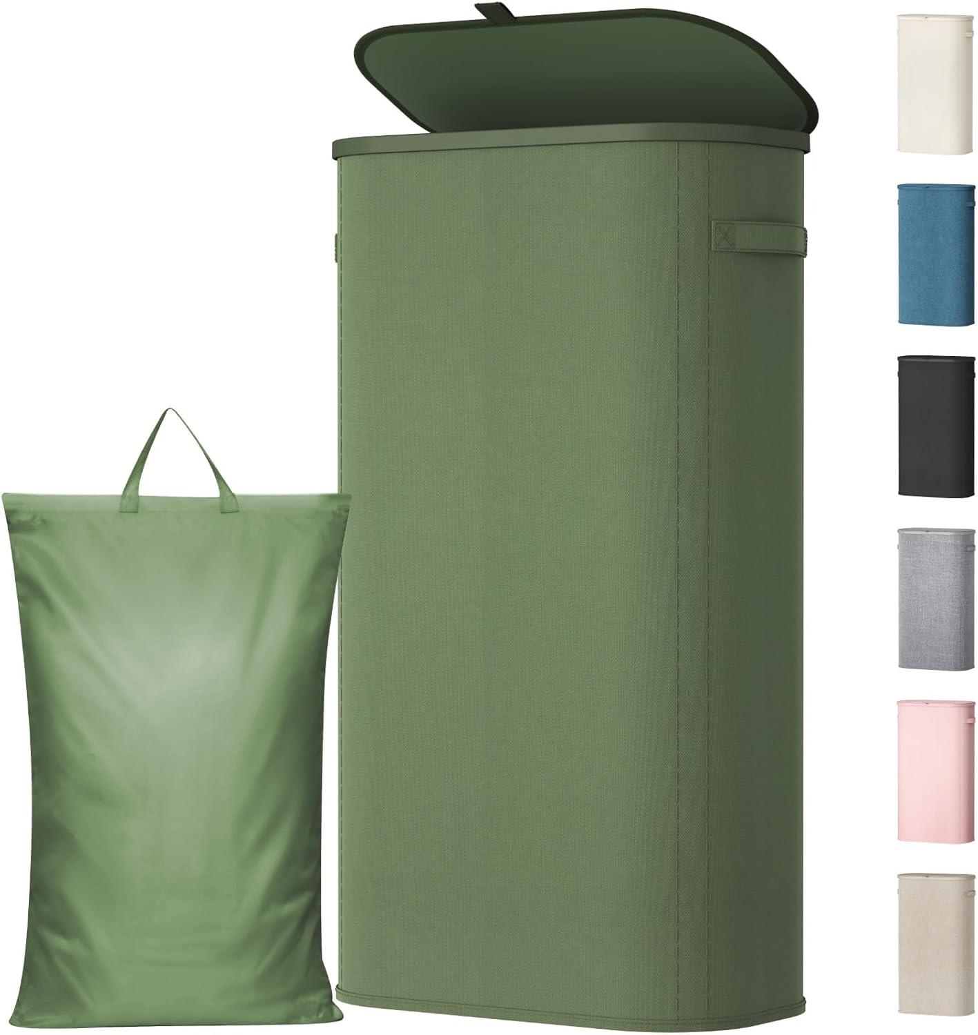 image:imageLifewit 65L Slim Laundry Basket with Lid Narrow Large Laundry Hamper with Plastic Handles and Removable Bag Tall Foldable Dirty Clothes Hampers for Laundry Room Bedroom Bathroom Dorm PinkGreen