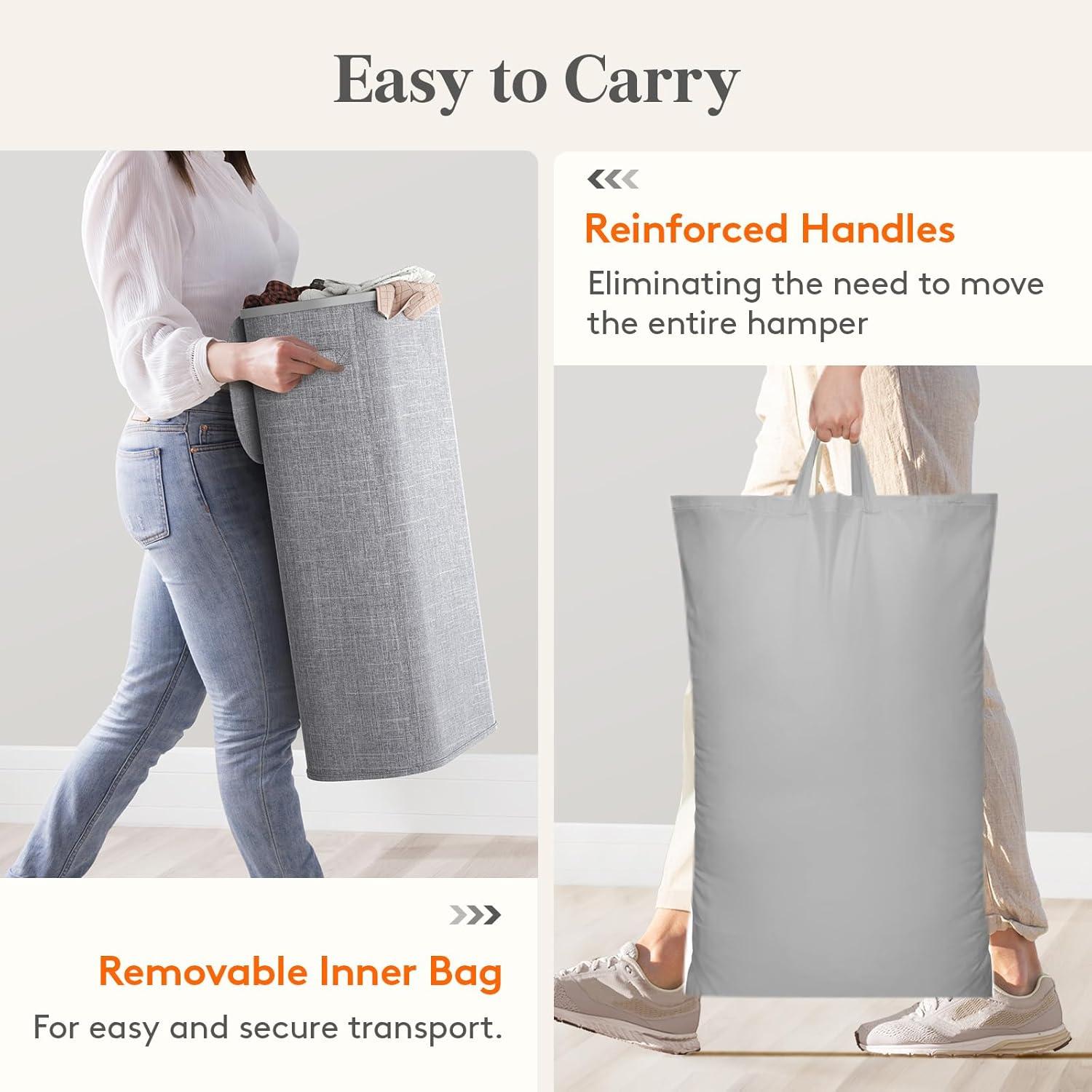 image:imageLifewit 65L Slim Laundry Basket with Lid Narrow Large Laundry Hamper with Plastic Handles and Removable Bag Tall Foldable Dirty Clothes Hampers for Laundry Room Bedroom Bathroom Dorm PinkGray