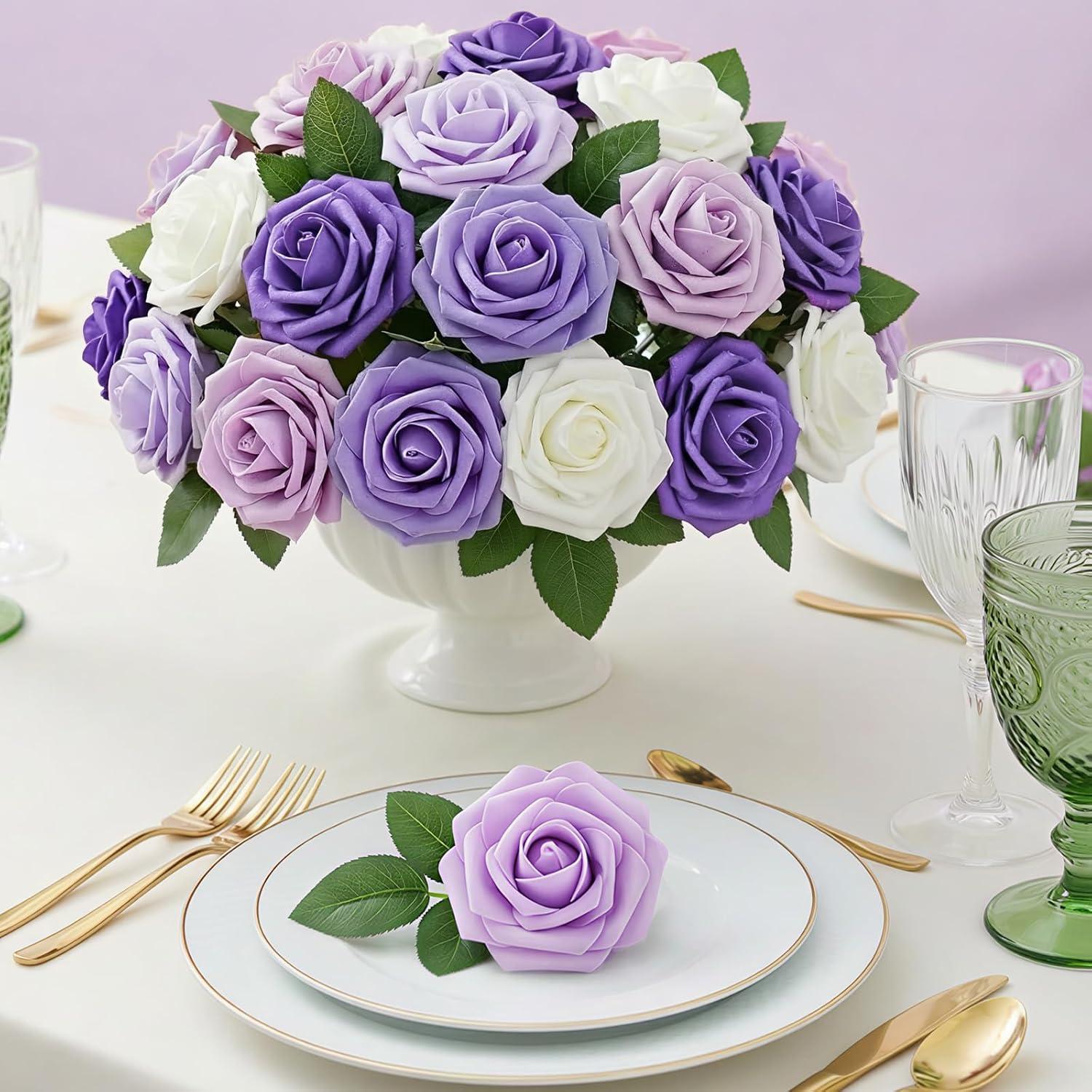image:imageLifewit Artificial Flowers 25 Pcs Dark Red Foam Real Looking Roses with Stems Fake Roses for DIY Wedding Bouquets Centerpieces Arrangements Valentine DecorationsIvory Purple Mix