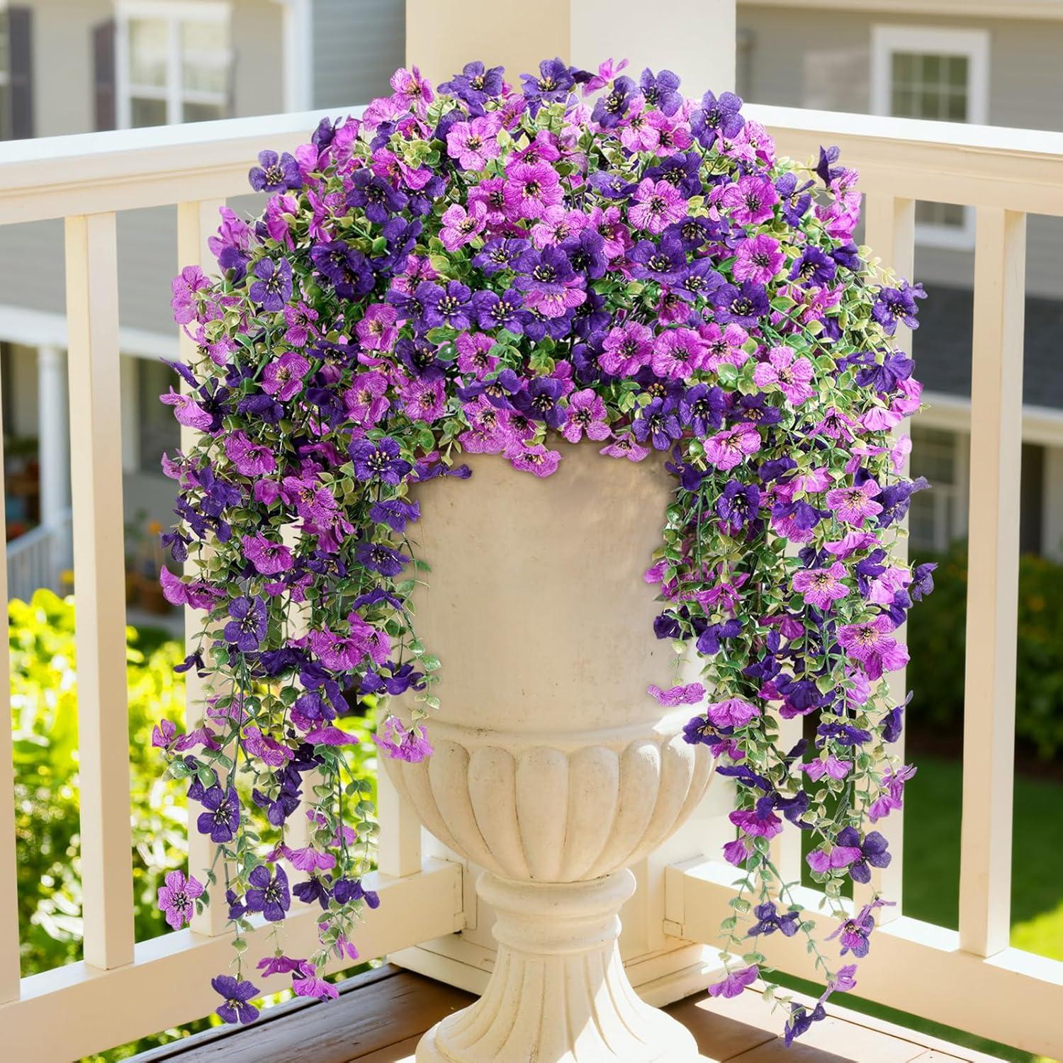 image:imageLifewit Artificial Hanging Daisy Flowers UV Resistant Plastic Fake Flowers for Outdoor Indoor Garden Porch Patio Balcony Decor 2 Upright Stems 2 Hanging Vines Combo Double Purple4 Pcs