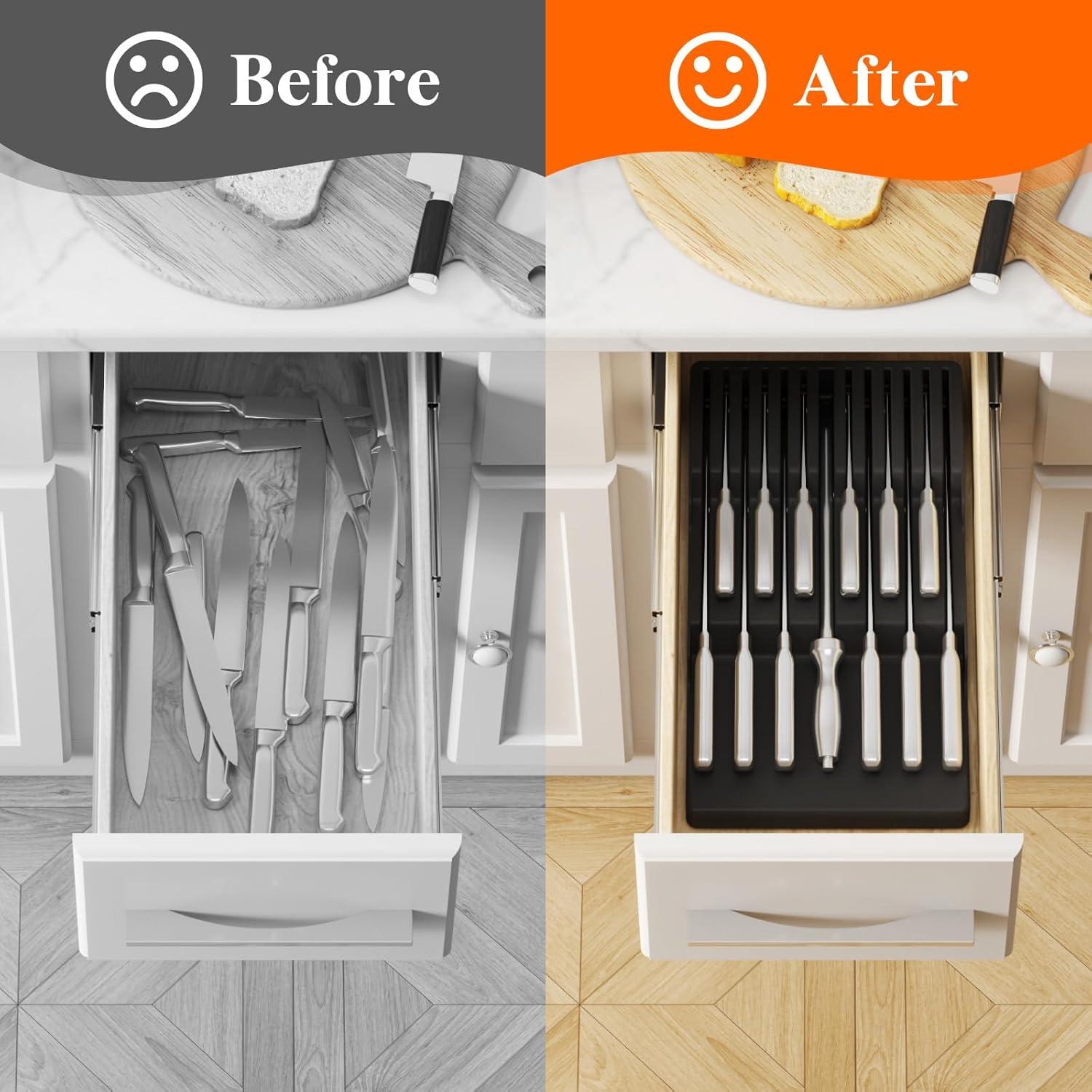 image:imageLifewit Magnetic Drawer Knife Organizers Insert Kitchen Plastic In Drawer Knife Block Slots Steak Chefs Knives Holder Storage Sets for 12 Knives and 1 Sharpening Steel Large BlackBlack