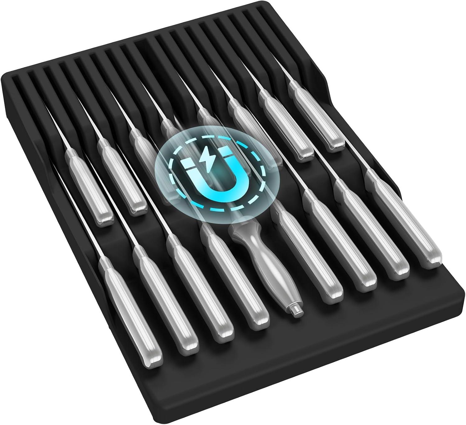 image:imageLifewit Magnetic Drawer Knife Organizers Insert Kitchen Plastic In Drawer Knife Block Slots Steak Chefs Knives Holder Storage Sets for 12 Knives and 1 Sharpening Steel Large BlackBlack