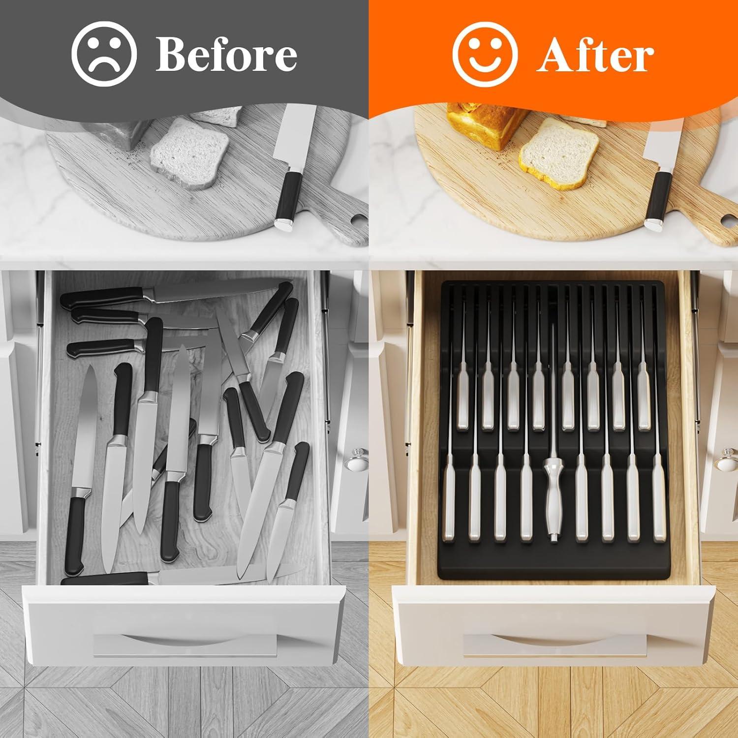 image:imageLifewit Magnetic Drawer Knife Organizers Insert Kitchen Plastic In Drawer Knife Block Slots Steak Chefs Knives Holder Storage Sets for 12 Knives and 1 Sharpening Steel Large BlackBlack