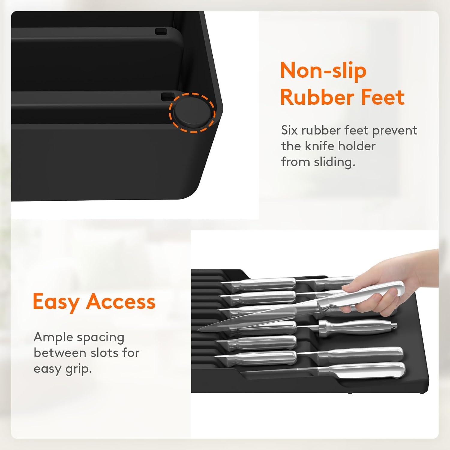 image:imageLifewit Magnetic Drawer Knife Organizers Insert Kitchen Plastic In Drawer Knife Block Slots Steak Chefs Knives Holder Storage Sets for 12 Knives and 1 Sharpening Steel Large BlackBlack