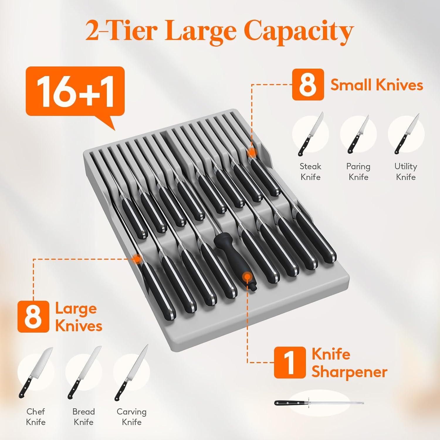 image:imageLifewit Magnetic Drawer Knife Organizers Insert Kitchen Plastic In Drawer Knife Block Slots Steak Chefs Knives Holder Storage Sets for 12 Knives and 1 Sharpening Steel Large BlackGray