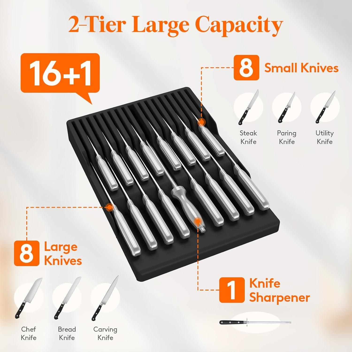 image:imageLifewit Magnetic Drawer Knife Organizers Insert Kitchen Plastic In Drawer Knife Block Slots Steak Chefs Knives Holder Storage Sets for 12 Knives and 1 Sharpening Steel Large BlackBlack
