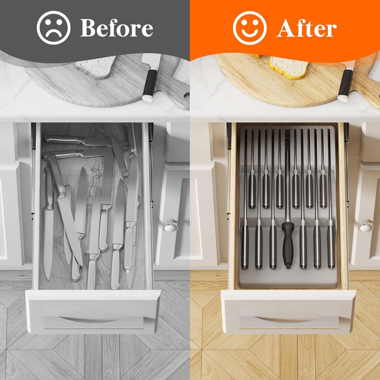 image:imageLifewit Magnetic Drawer Knife Organizers Insert Kitchen Plastic In Drawer Knife Block Slots Steak Chefs Knives Holder Storage Sets for 12 Knives and 1 Sharpening Steel Large BlackGray
